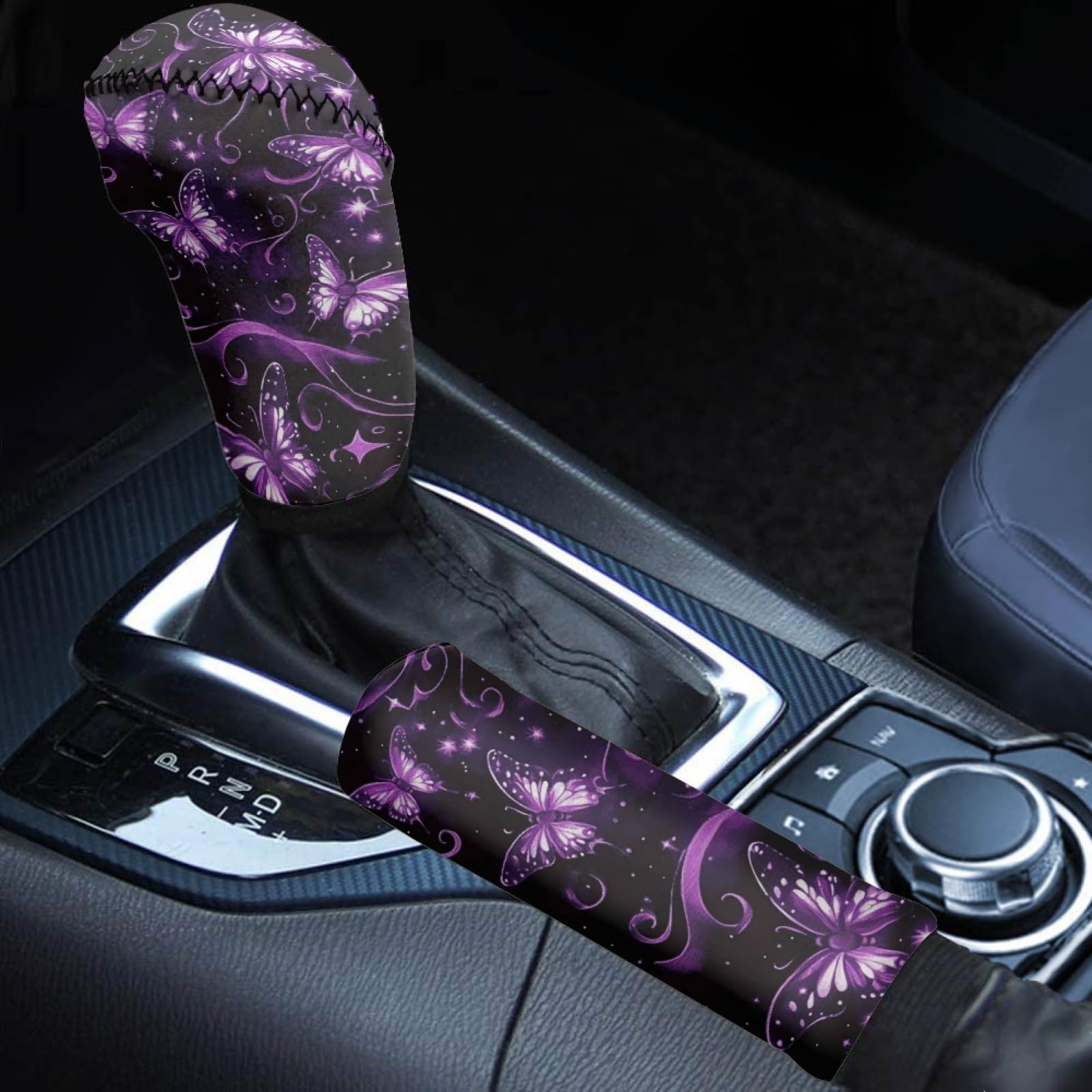 Babrukda 2Pcs Car Knob Lever Cover Gear Shift Knob Case Sleeve, Auto Handbrake Cover, Non-Slip Butterfly Purple Bling Galaxy Pri