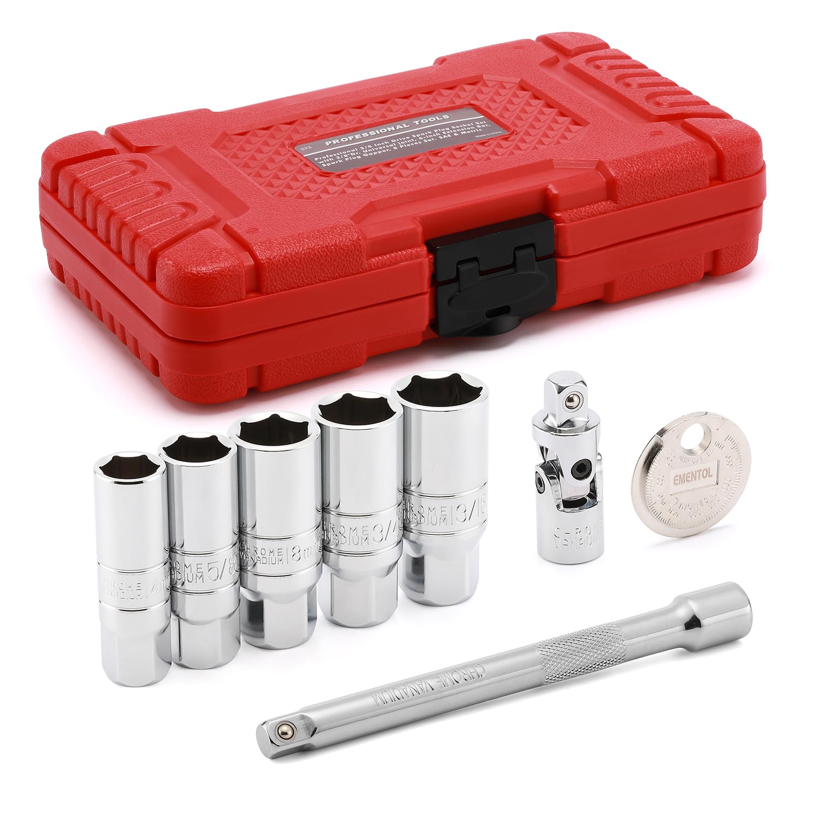 EMENTOL 8PCS 3/8 Drive Spark Plug Socket Set, SAE & Metric, 6-Point Socket Set, Universal Joint, 6-Inch Extension Bar, Spark Plu