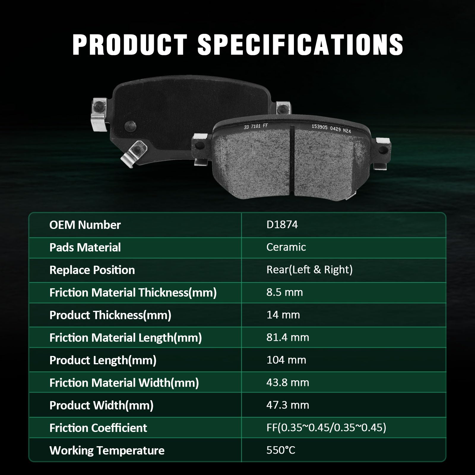 Automuto 4Pcs Rear Ceramic Disc Brake Pads Set D1874 For Mazda 6 2016-2021