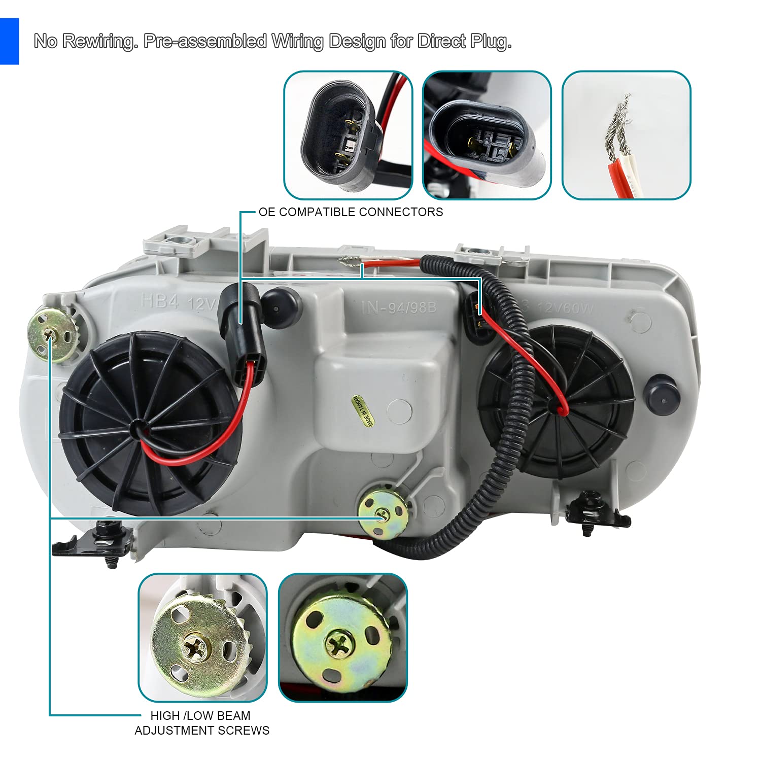 Spec-D Tuning Halo Black Projector Headlights Compatible with 1998-2001 Acura Integra 2Dr/4Dr Left + Right Pair Headlamps Assemb