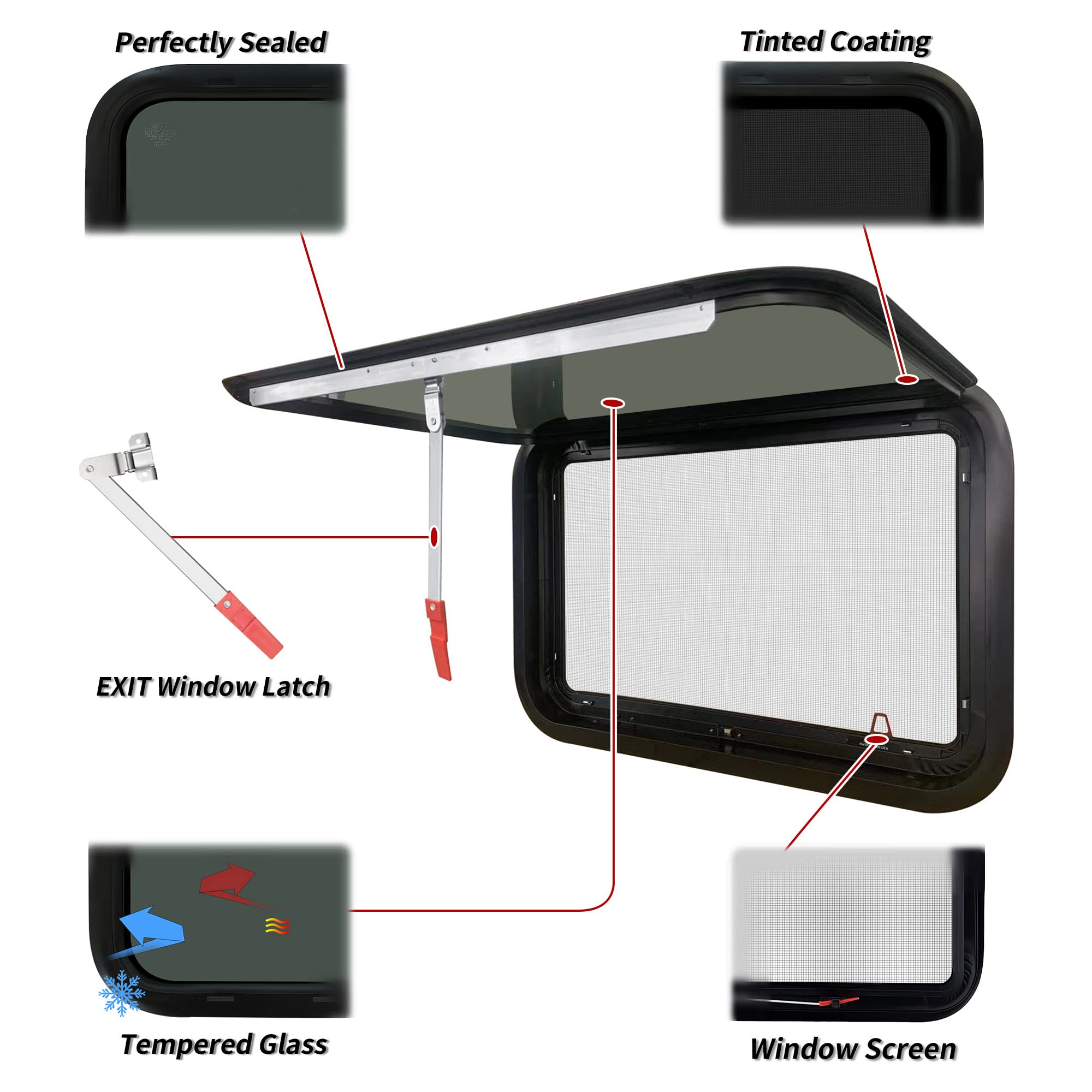 Aucuda Aluminum Rv Emergency Exit Window 36''X22'' Dot Certified - Tempered Glass With Screen & Trim Kit, 1-3/4'' Wall, Pop-Out