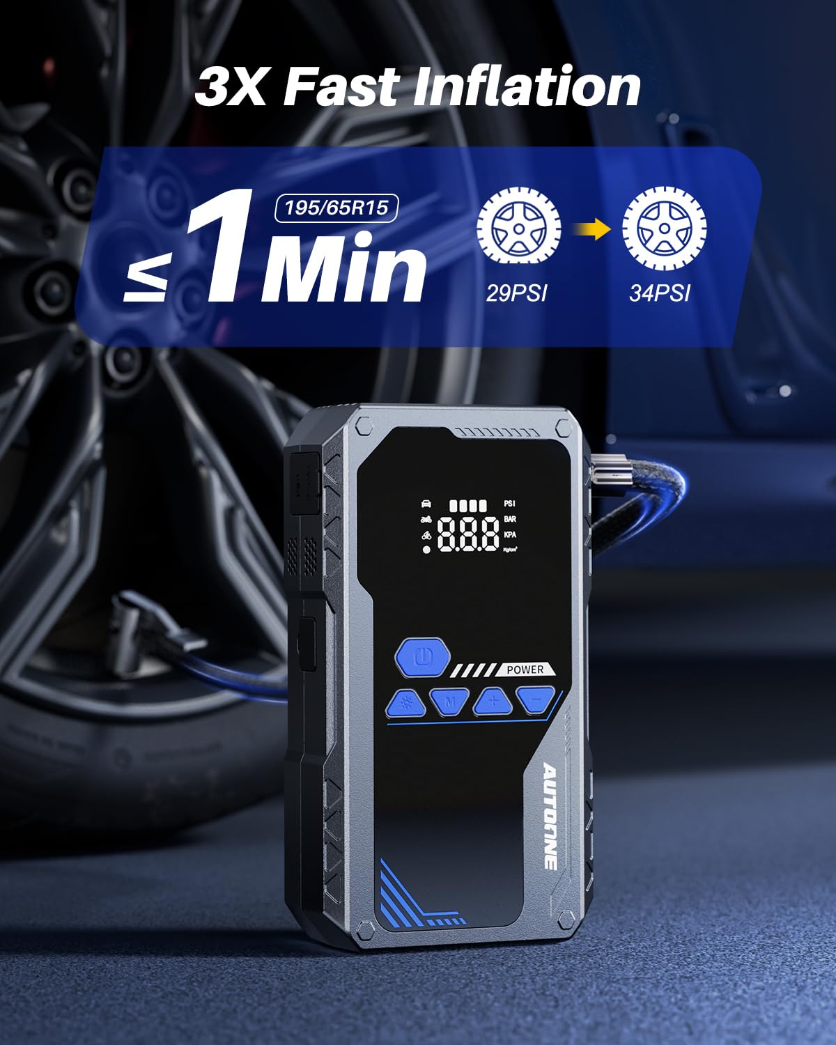 AUTOONE 6000A Jump Starter with Air Compressor, 150PSI Tire Inflator, LCD Display, Portable, Includes Storage Case