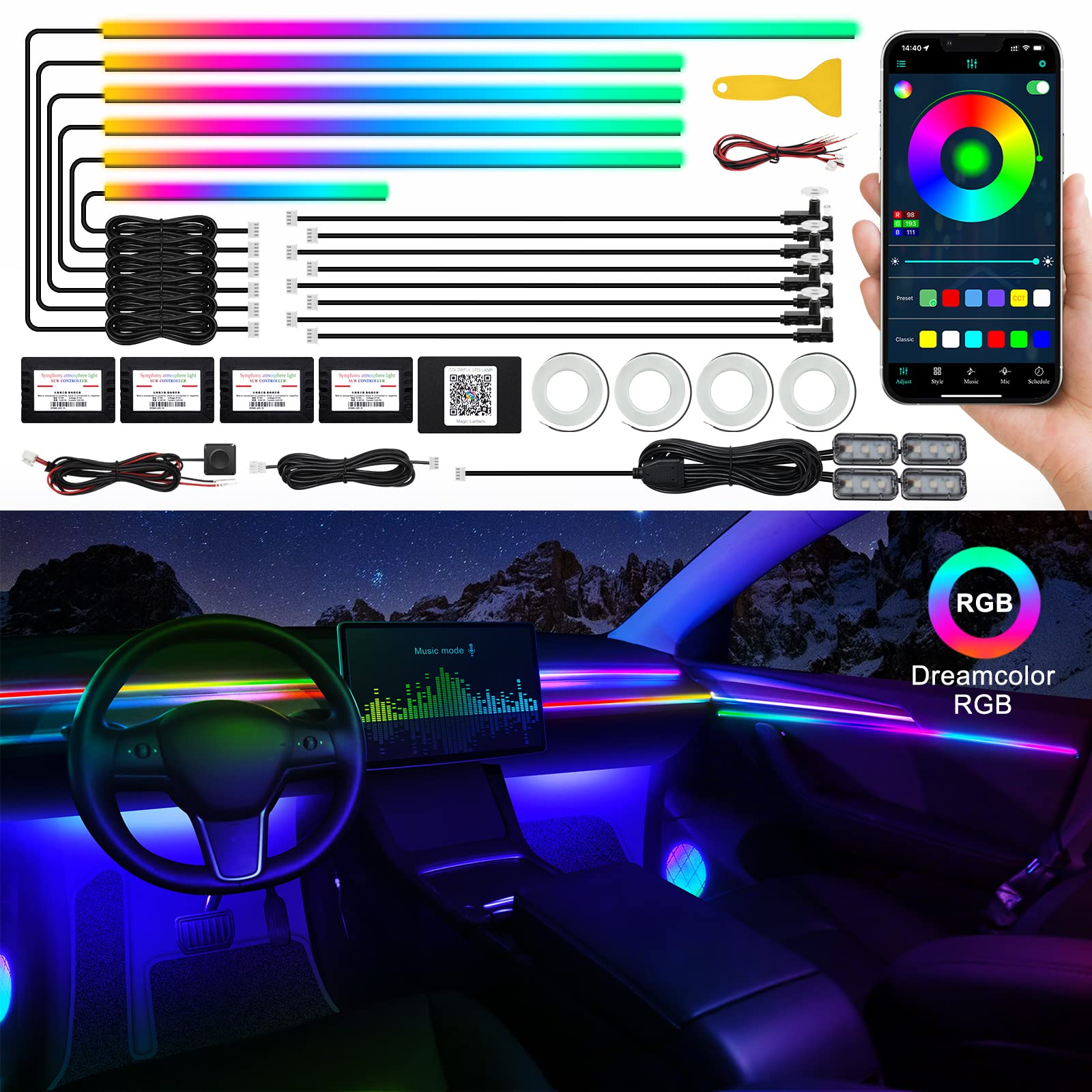 Dreamcolor Acrylic Interior Car Led Strip Light With Wireless App, Rgb 22 In 1 With 175 Inches 593 Leds Fiber Optic Ambient Ligh