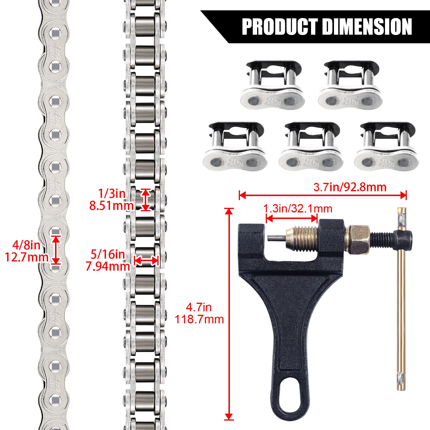 Dyc 428H Motorcycle Chain 122 Links (Bright Nickel Plating) W/Chain Breaker, Heavy Duty 428 Chain For 125-200Cc Mini Bike Dirt B