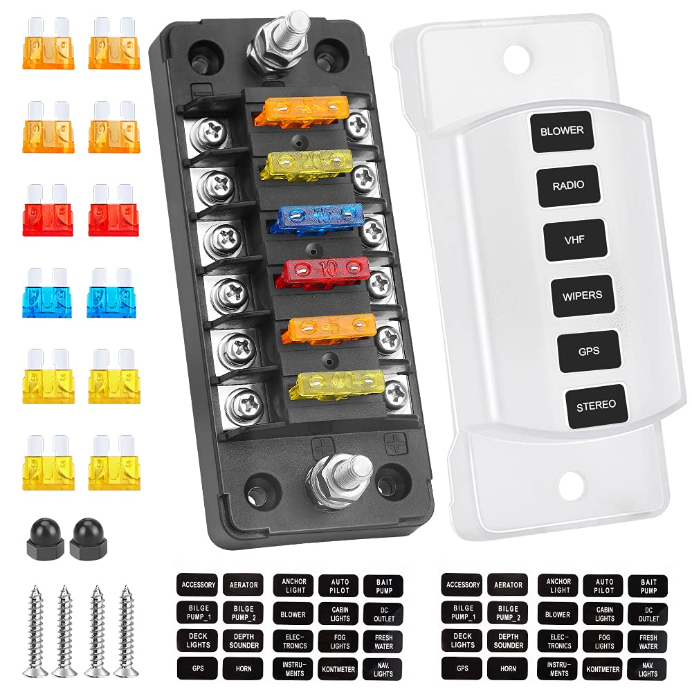 ELECTOP 6 Way Fuse Block Blade Fuse Box with Negative Bus, 6 Circuit Fuse Holder Fuse Block w/Negative Bus, Waterproof Protectio