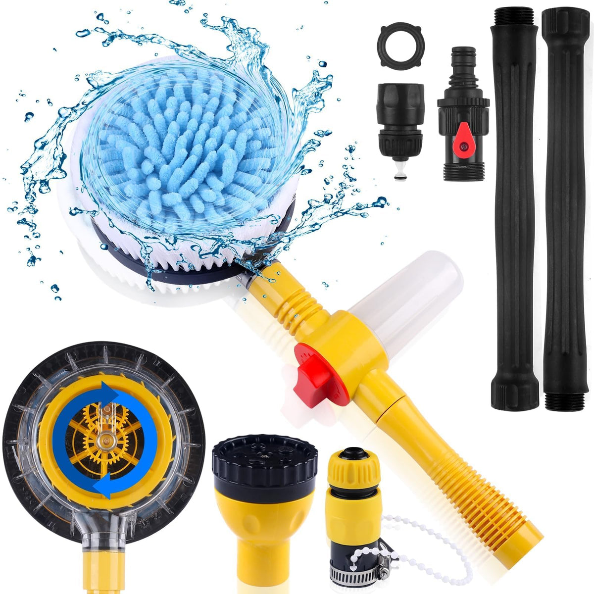 Car Wash Kit, 360 Degree Car Washer Brush with Handle Rotating, Car Wash Brush Hose Attachment Detachable and Retractable Car Wa