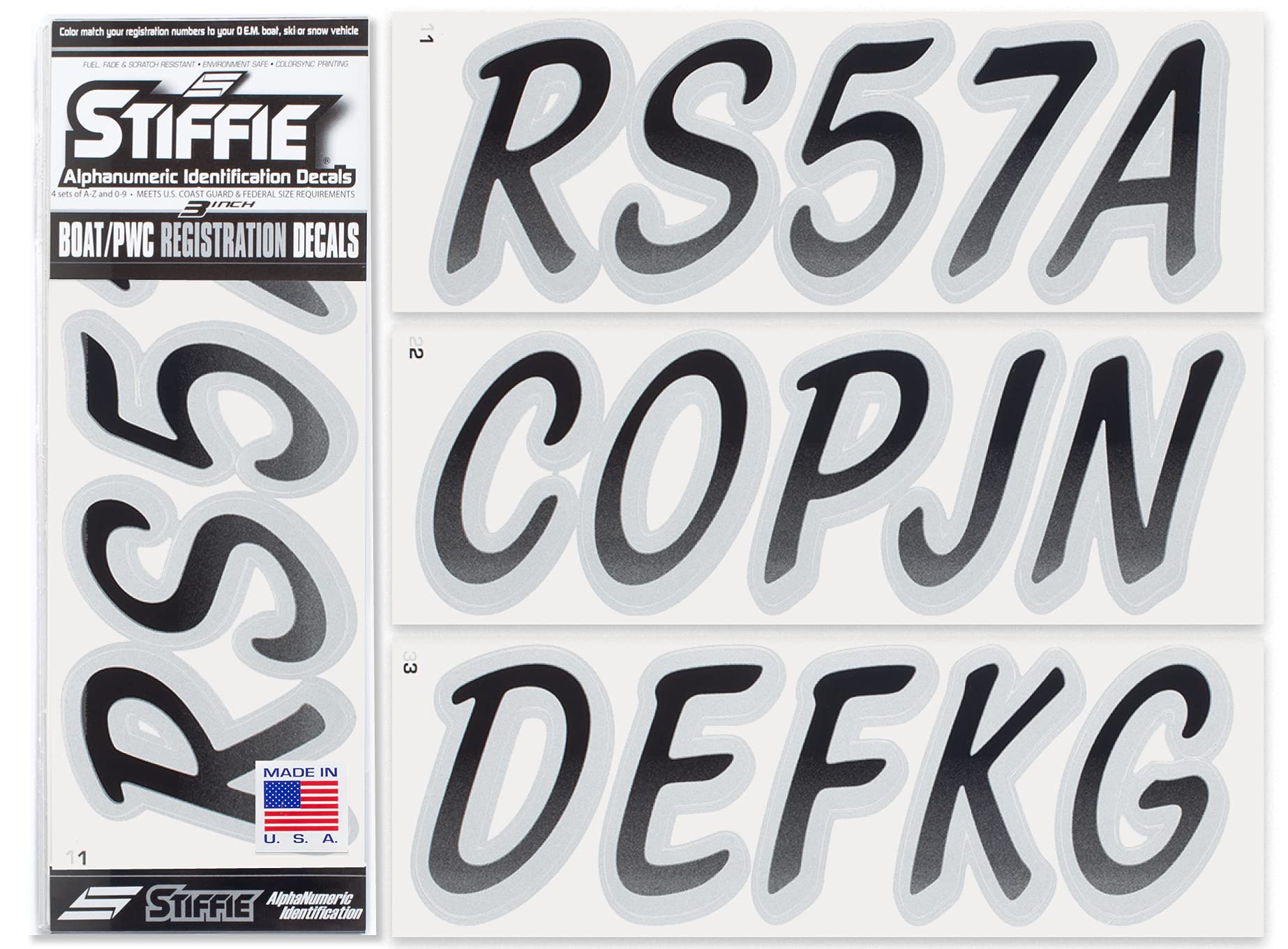 STIFFIE Whipline Black/Silver 3'' Boat & PWC Registration Decals  Numbers Letters Stickers