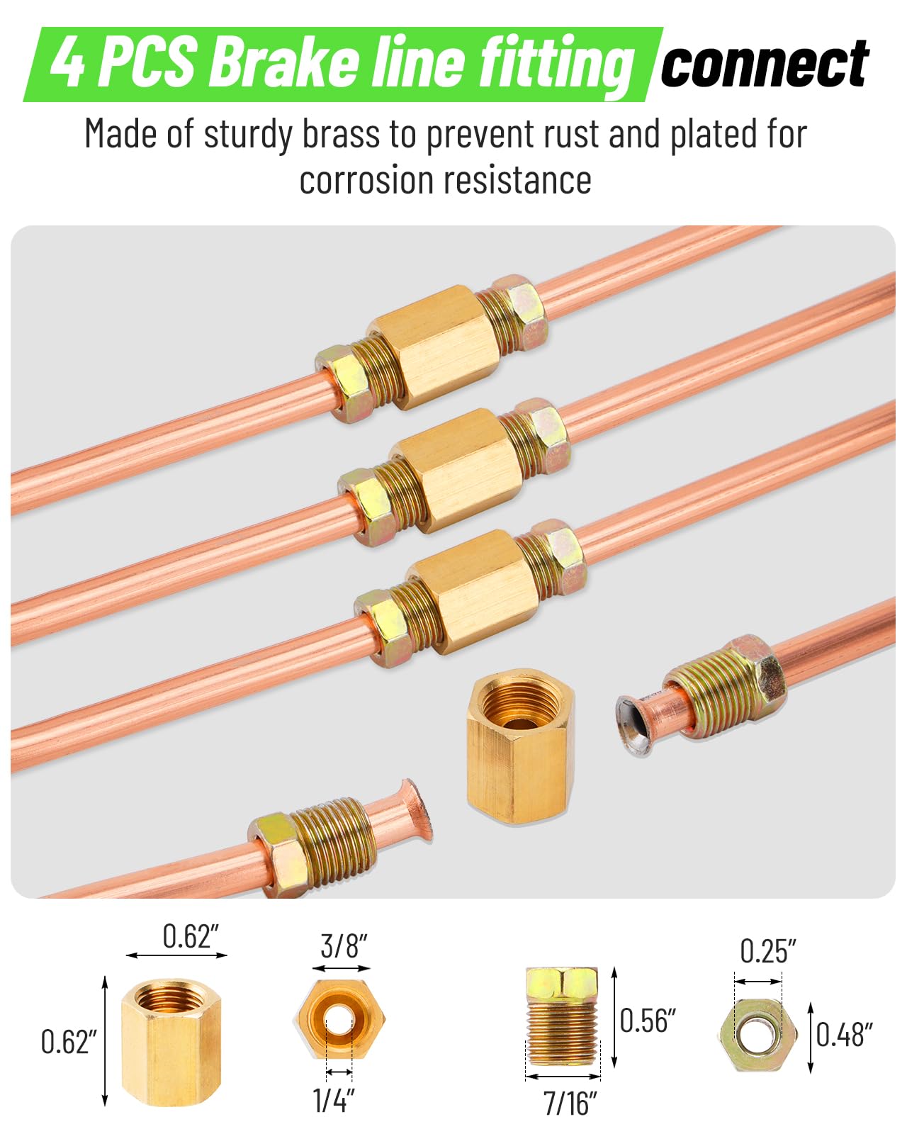 Racewill 25 ft 1/4'' Copper Coated Brake Line Kit (Includes 16 Fittings and 4 Unions Brake Line Fittings) + Brake Line Double &