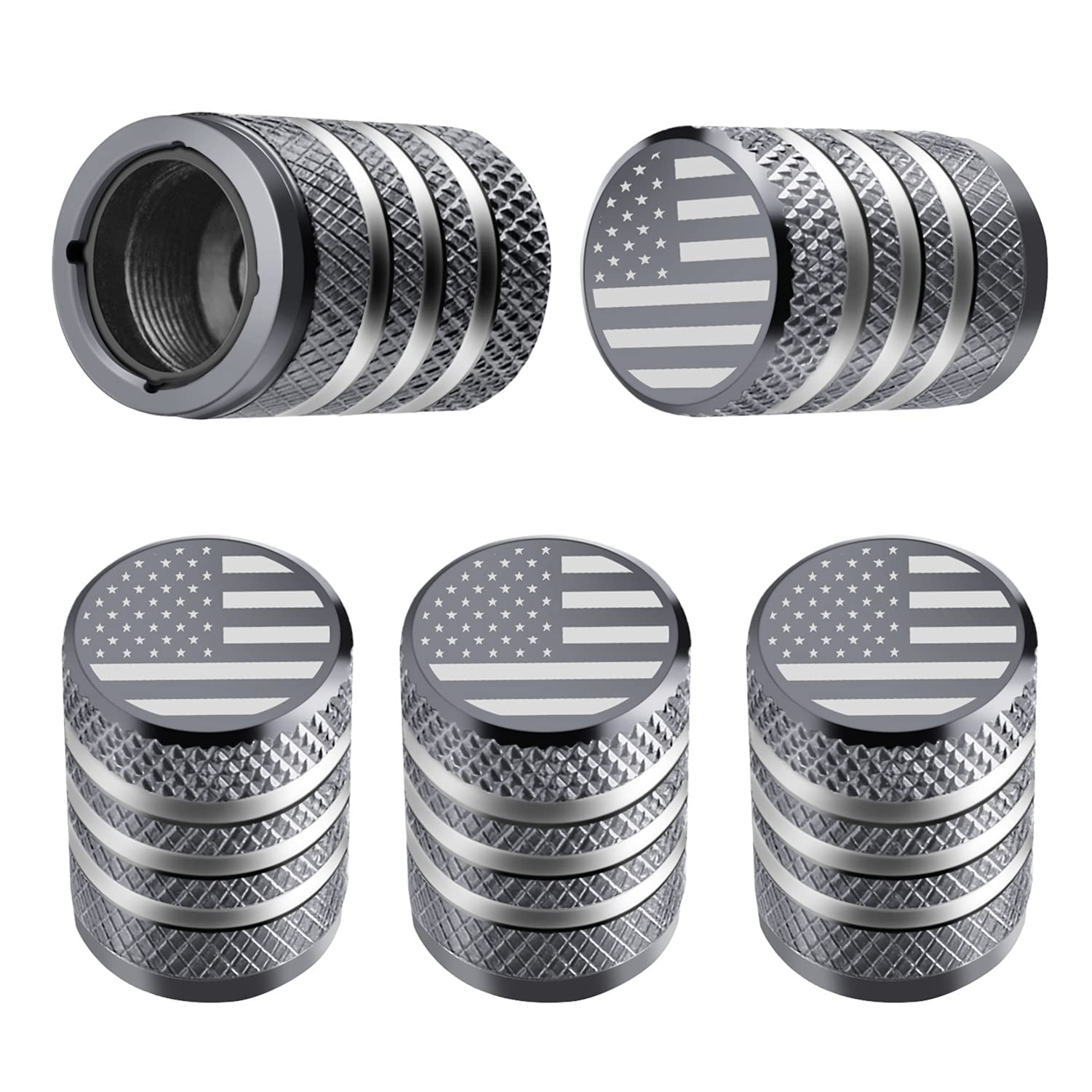 Tire Valve Stem Cap Cover - (5 Pack) Tire Air Cap Metal With Plastic Liner Corrosion Resistant Leak-Proof American Flag For Car Truck Motorcycle Bike Grey