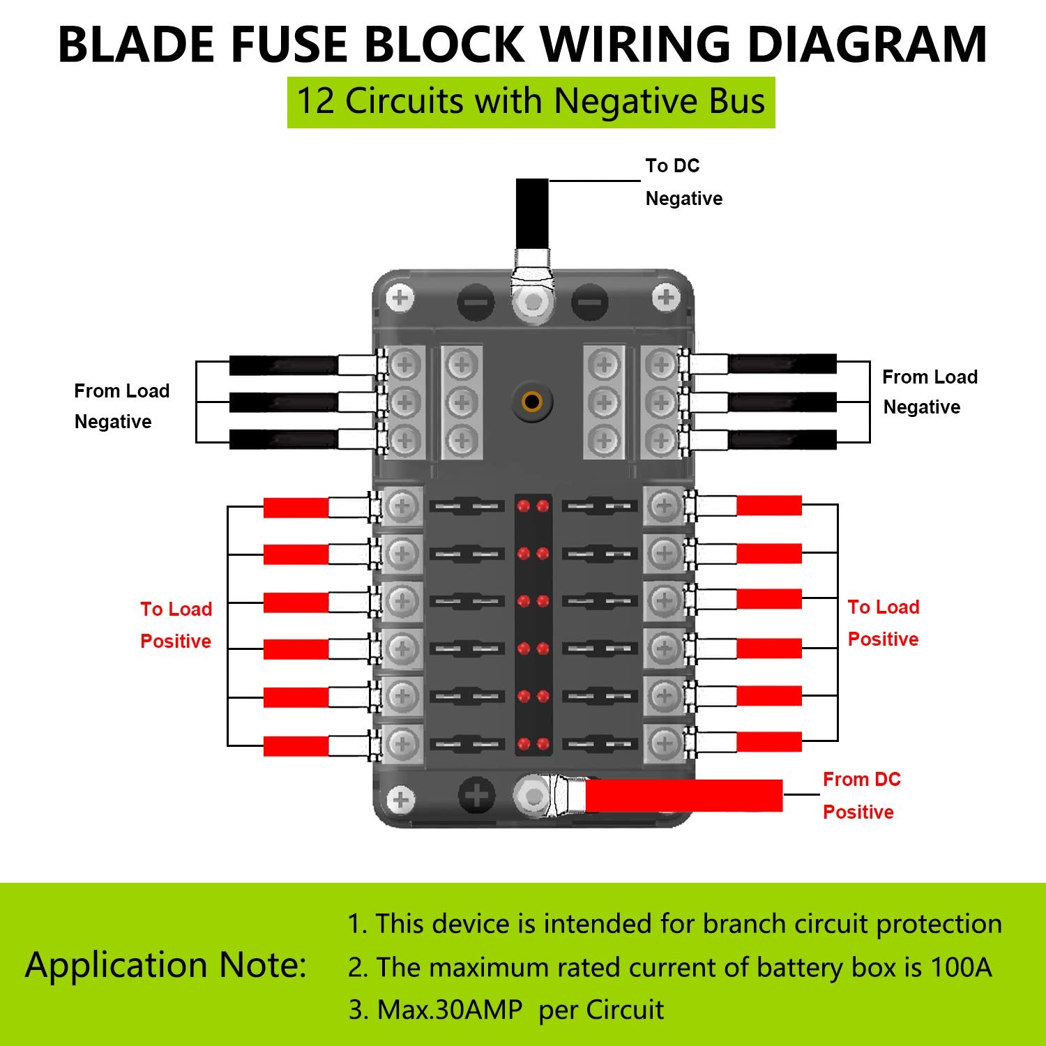 12 Way Fuse Block W/Negative Bus - Atc/Ato 12 Circuit Fuse Box With Ground, With Negative Bus & Protection Cover, Bolt Connect T