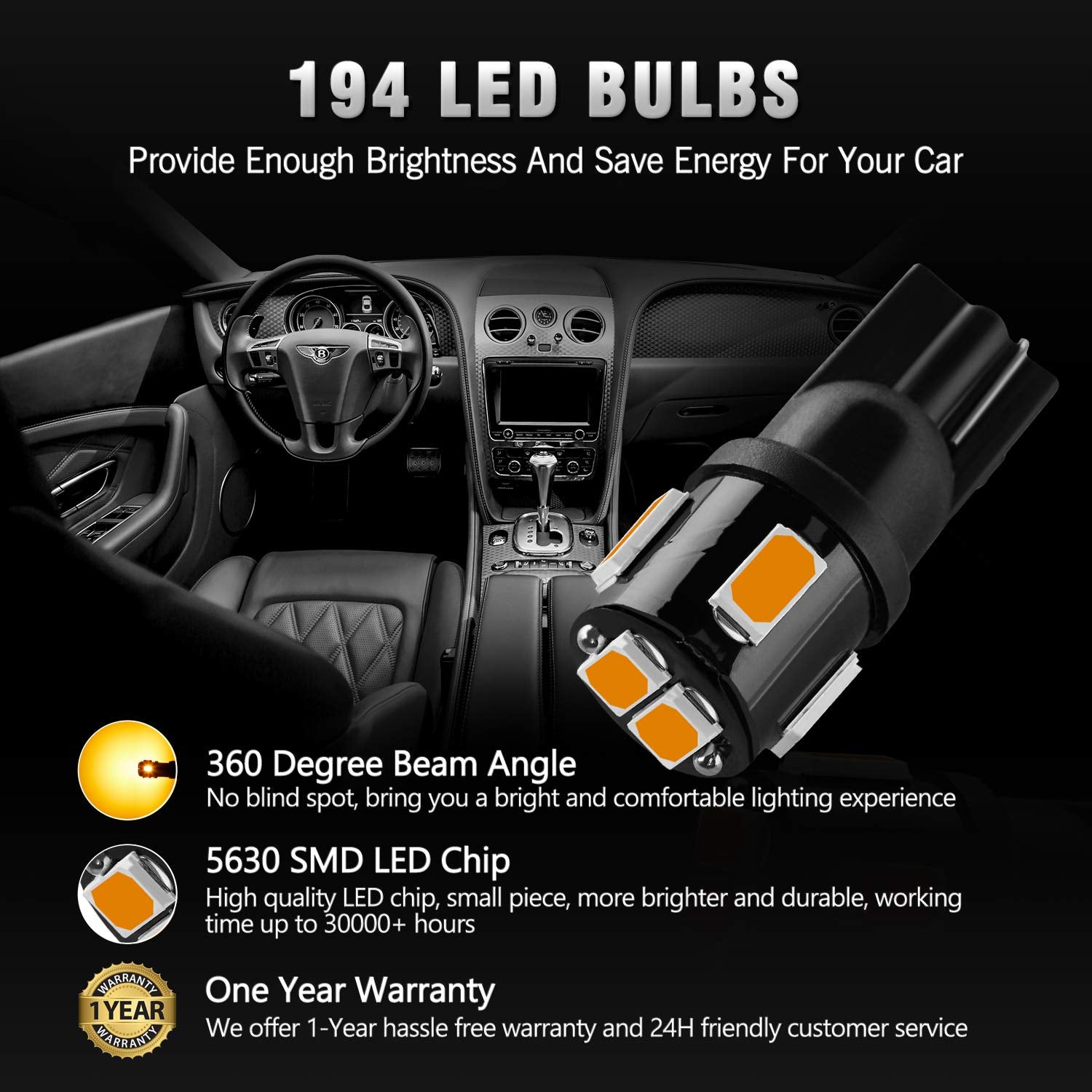 Brishine 194 Led Bulbs Extremely Bright Amber Yellow 5630 Chipsets 168 2825 175 T10 W5W Led Replacement Bulbs For Car Interior M