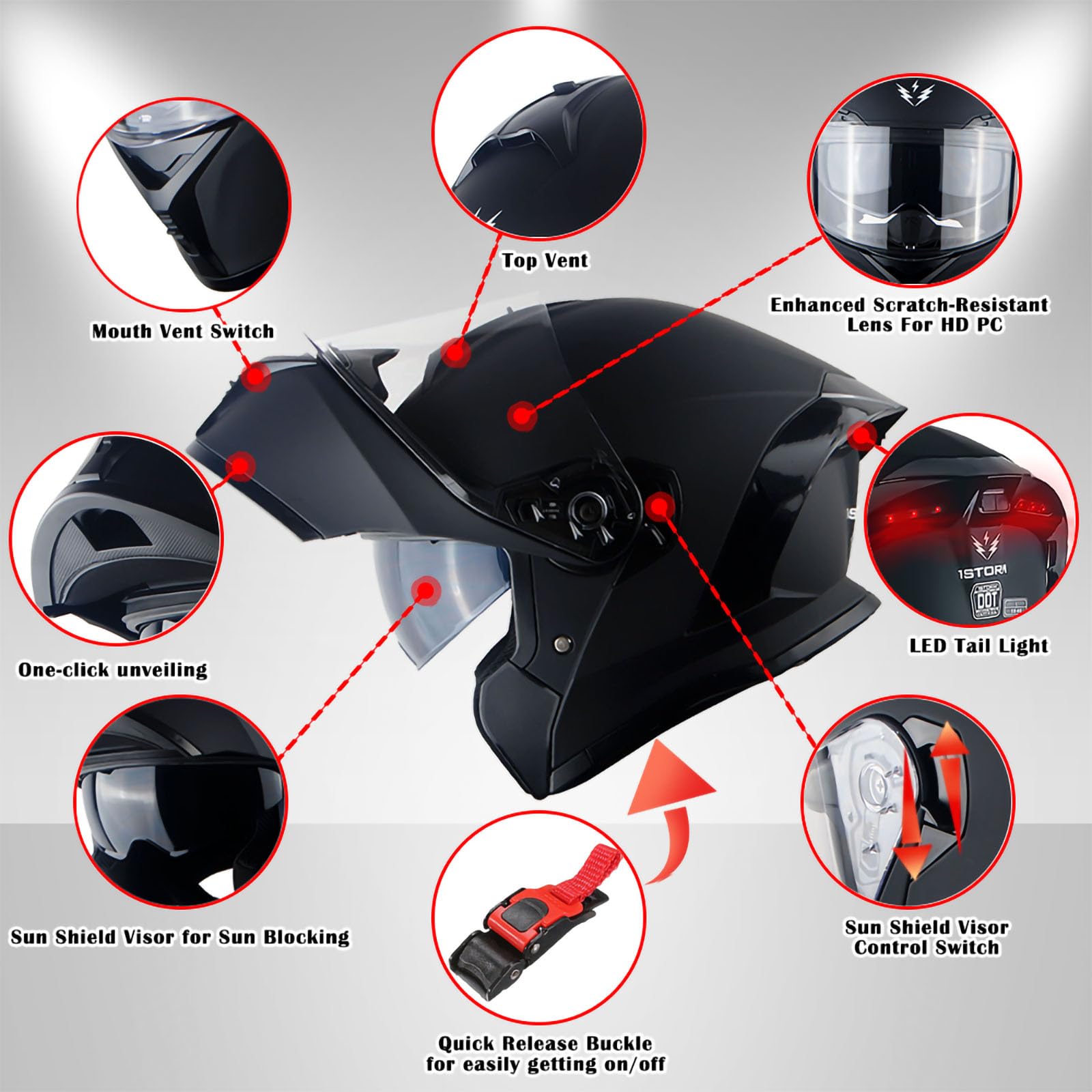 1Storm New Motorcycle Bike Modular Full Face Helmet Dual Visor Sun Shield with Rechargeable LED Tail Light: LED-X90 Carbon Fiber