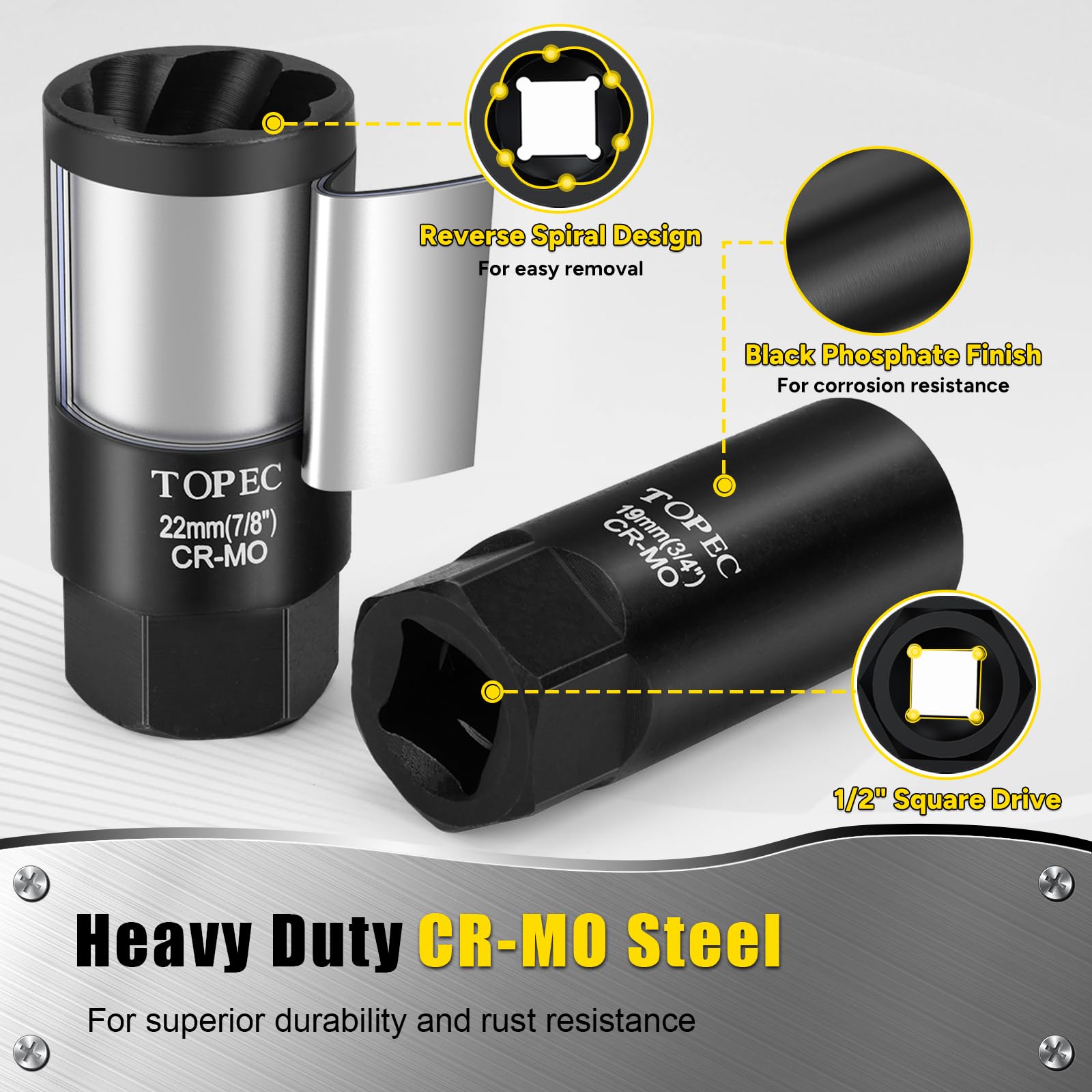 Topec 6PCS Deep Lug Nut Removal Tool, 1/2'' Drive Lug Nut Extractor Set, 17-22mm Wheel Lock Removal Kit, Spark Plug Extractor So