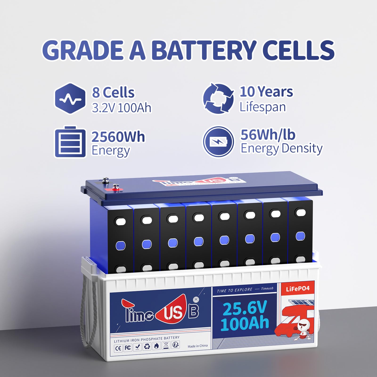 Timeusb 24V 100Ah Lifepo4 Battery, Built-In 100A Bms, 2.56Kwh Lithium Battery, 10-Year Lifetime With Grade A Lifepo4 Cells, Perfect For Rv, Camper, Home Energy Storage, Van, Off-Grid, Etc
