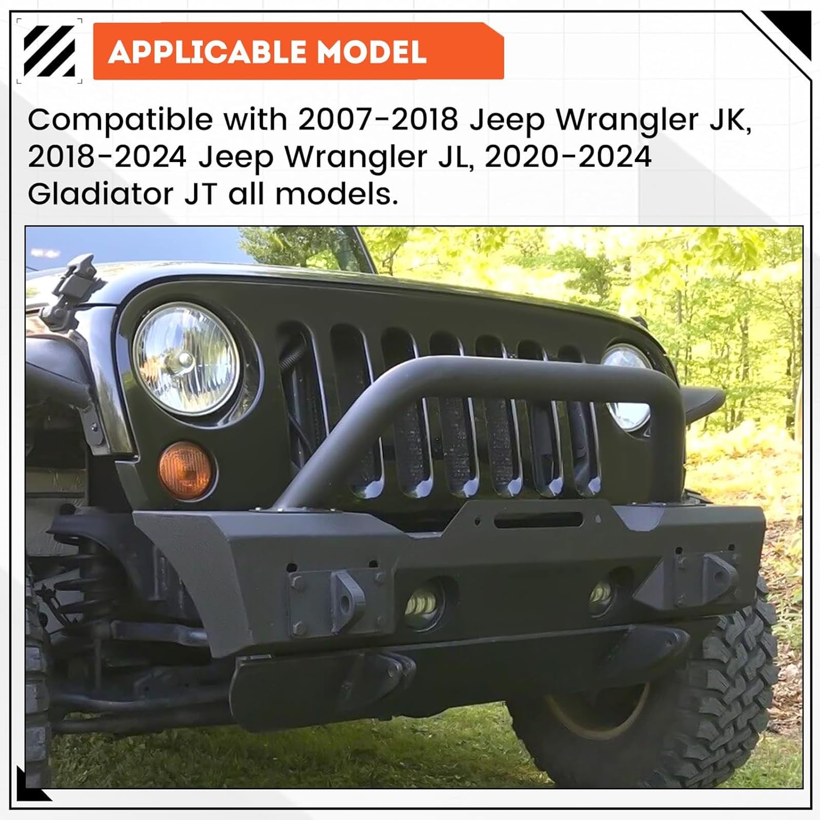 Ecotric Stubby Front Bumper Compatible With 2007-2024 Jeep Wrangler Jk Jl Gladiator Jt W/Fog Light Housing & D-Rings Steel Powde
