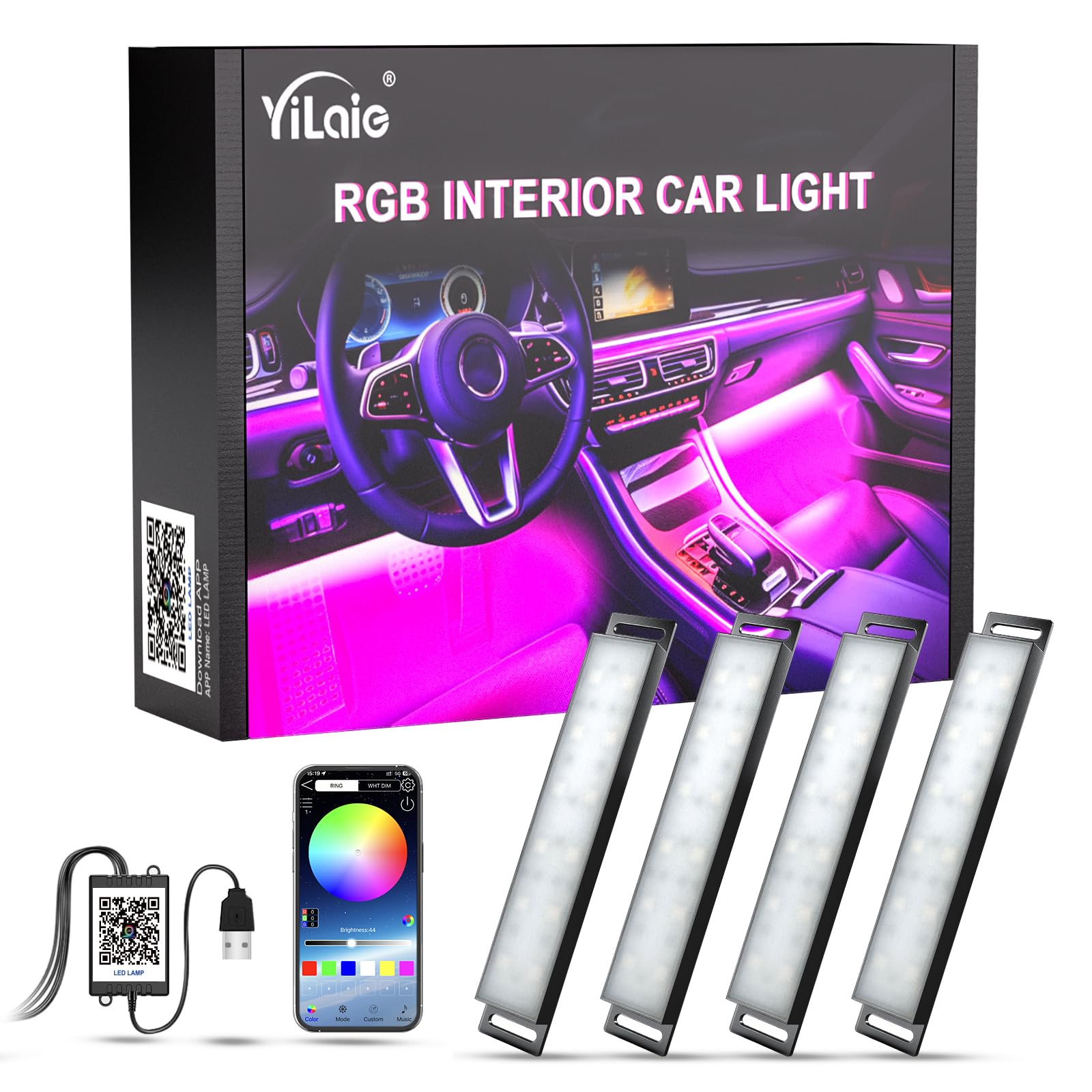 Yilaie Car Lights Interior, Multcolor Rgb Interior Lights With App Control And Music Sync, Usb Under Dash Lighting Kit With Char