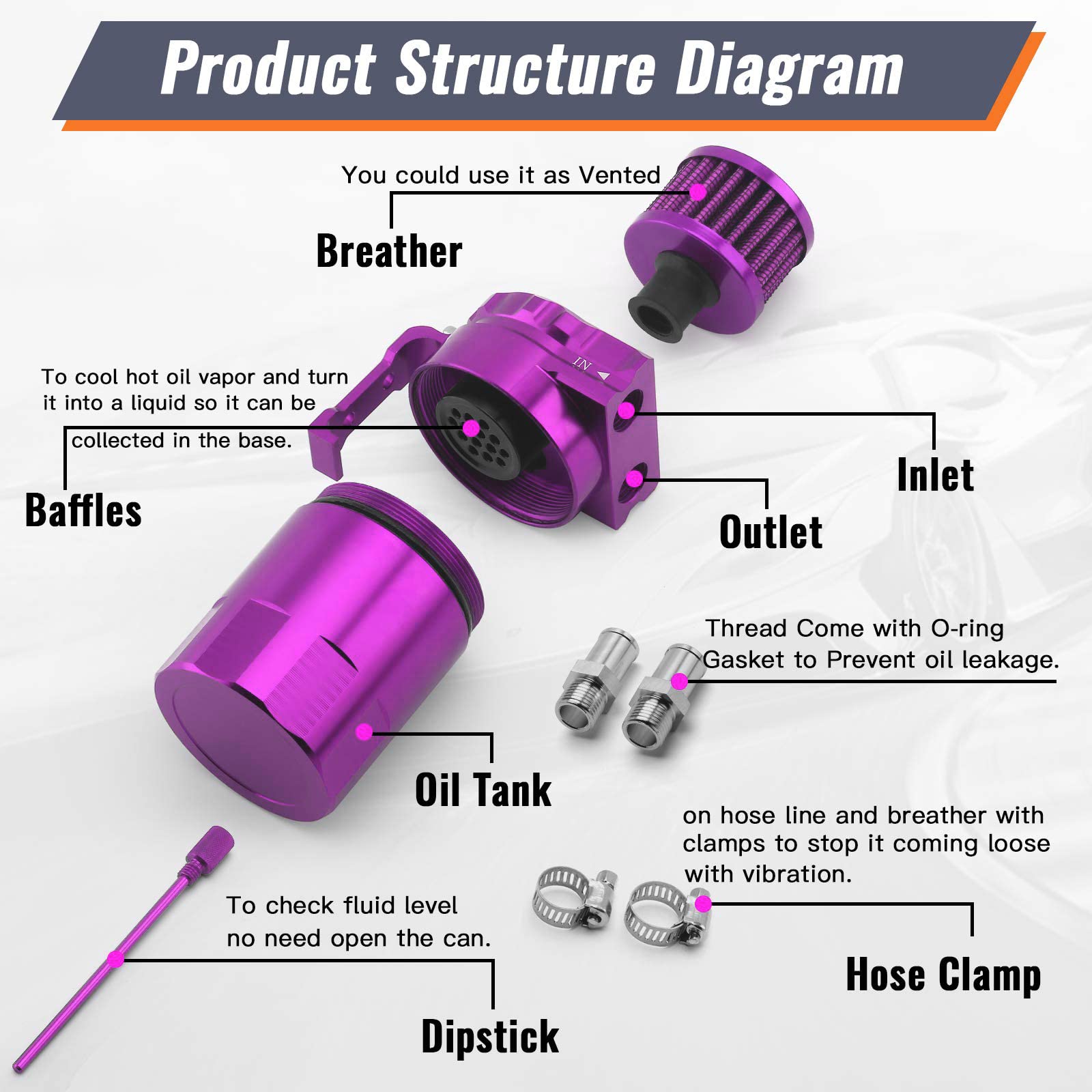 Muge Racing Universal Oil Catch Can Tank Kit Polish Baffled Reservoir With Breather Filter With 3/8'' Fuel Line, Aluminum, Purpl