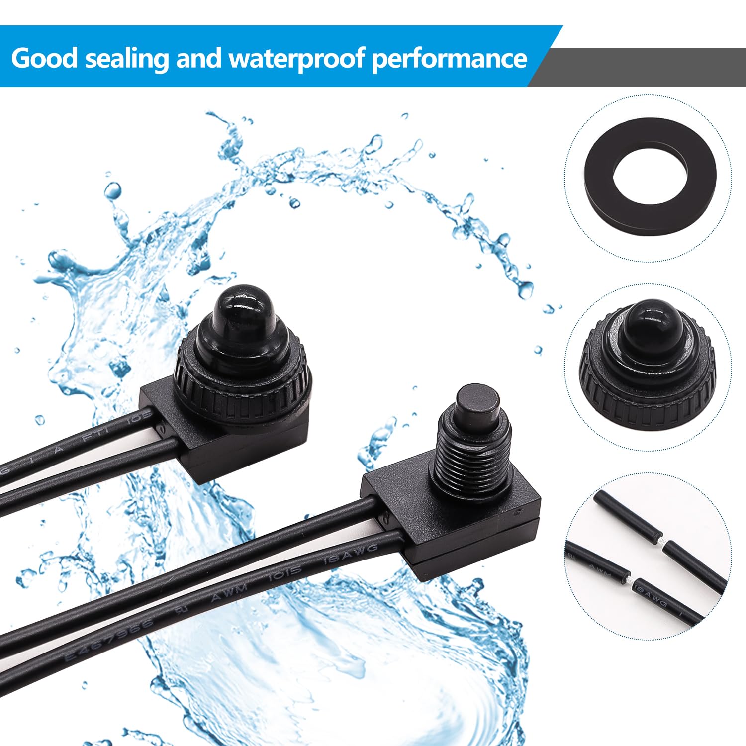 Mxuteuk 5Pcs 12V Rv Waterproof Push Button Switch Black On/Off Spst Switch With 4.52Inch Lines For Rv/Motorcycle/Car Mxu-Kp-107