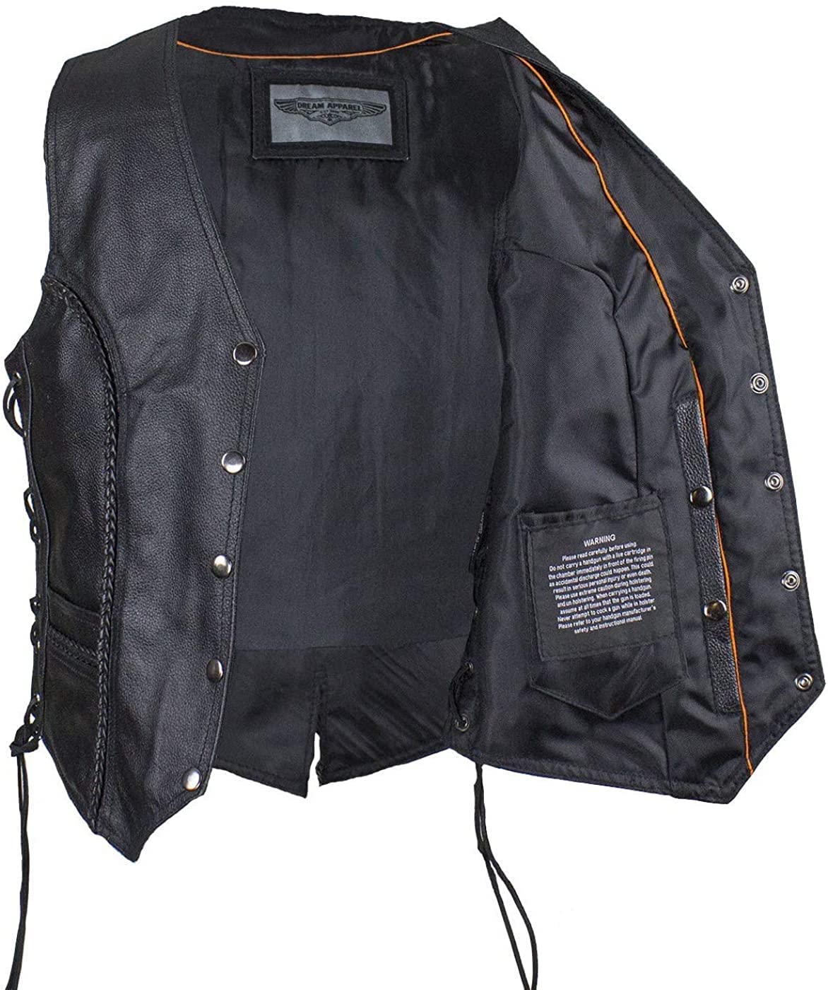 Womens Black Leather Motorcycle Vest With Braid On Front And Back Side Laces (As1, Alpha, X_L, Regular, Regular)