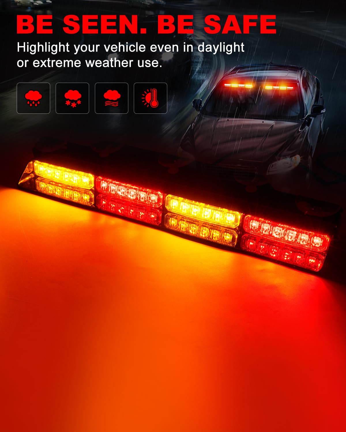 Hlauto 6Z4J Emergency Dash Strobe Lights: 2X16.8 Inch Red Amber Safety Lights, 48 Led Flashing Warning Hazard Interior Windshiel