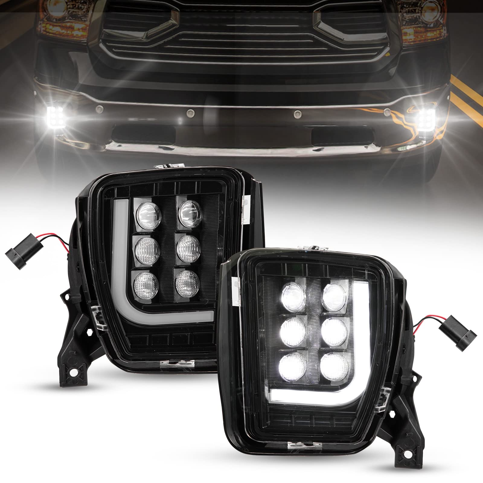 Bunker Indust Dodge Ram Led Fog Light With Daytime Running Light Set,Pair Spot Flood Bumper Driving Fog Lamp L-Type Drl Assembly