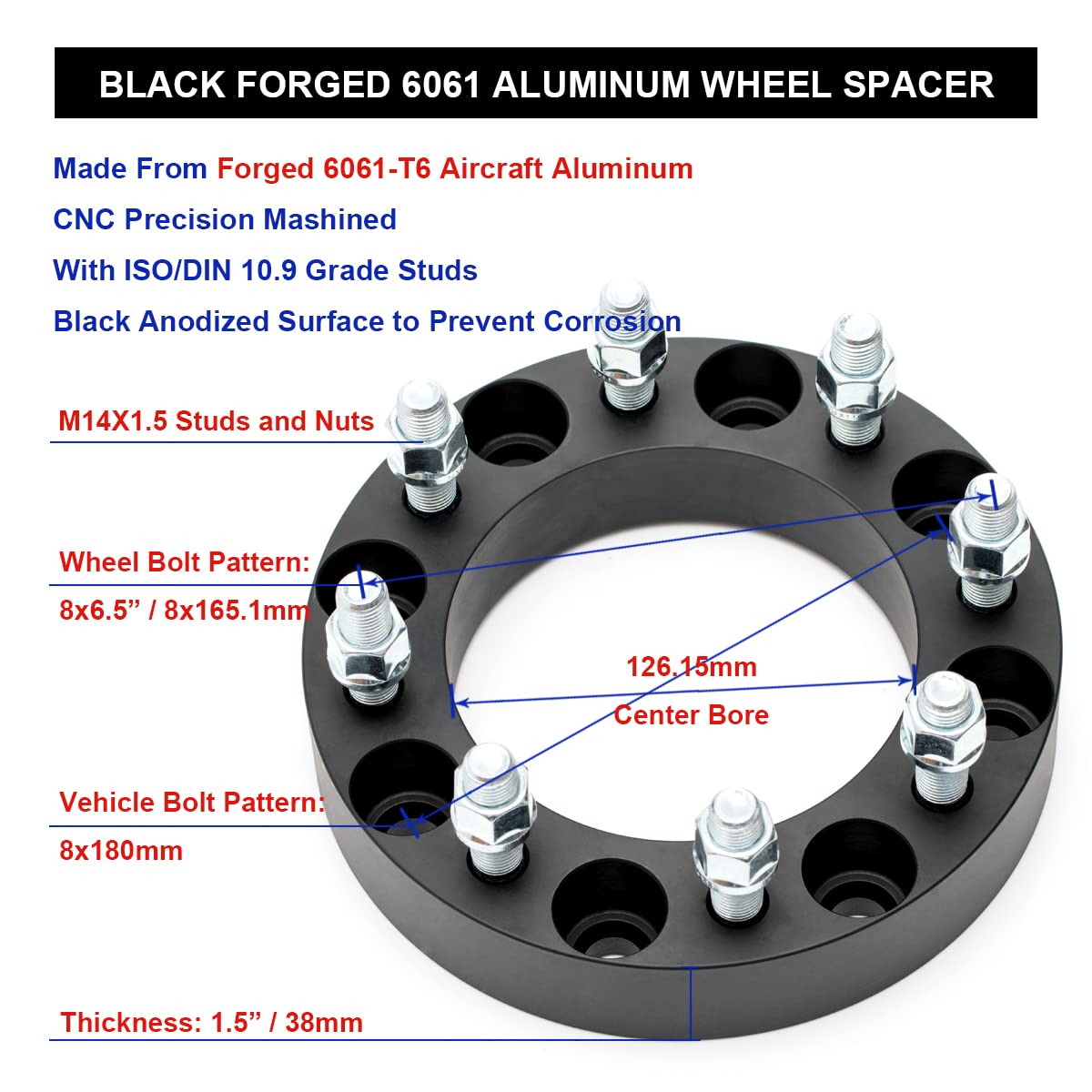 VLAOSCHI Black Forged 8x180 to 8x6.5 Wheel Adapters 1.5 Inch with 14x1.5 Studs Compatible with Chevy GMC 8 Lug for 2011-2025 Sil