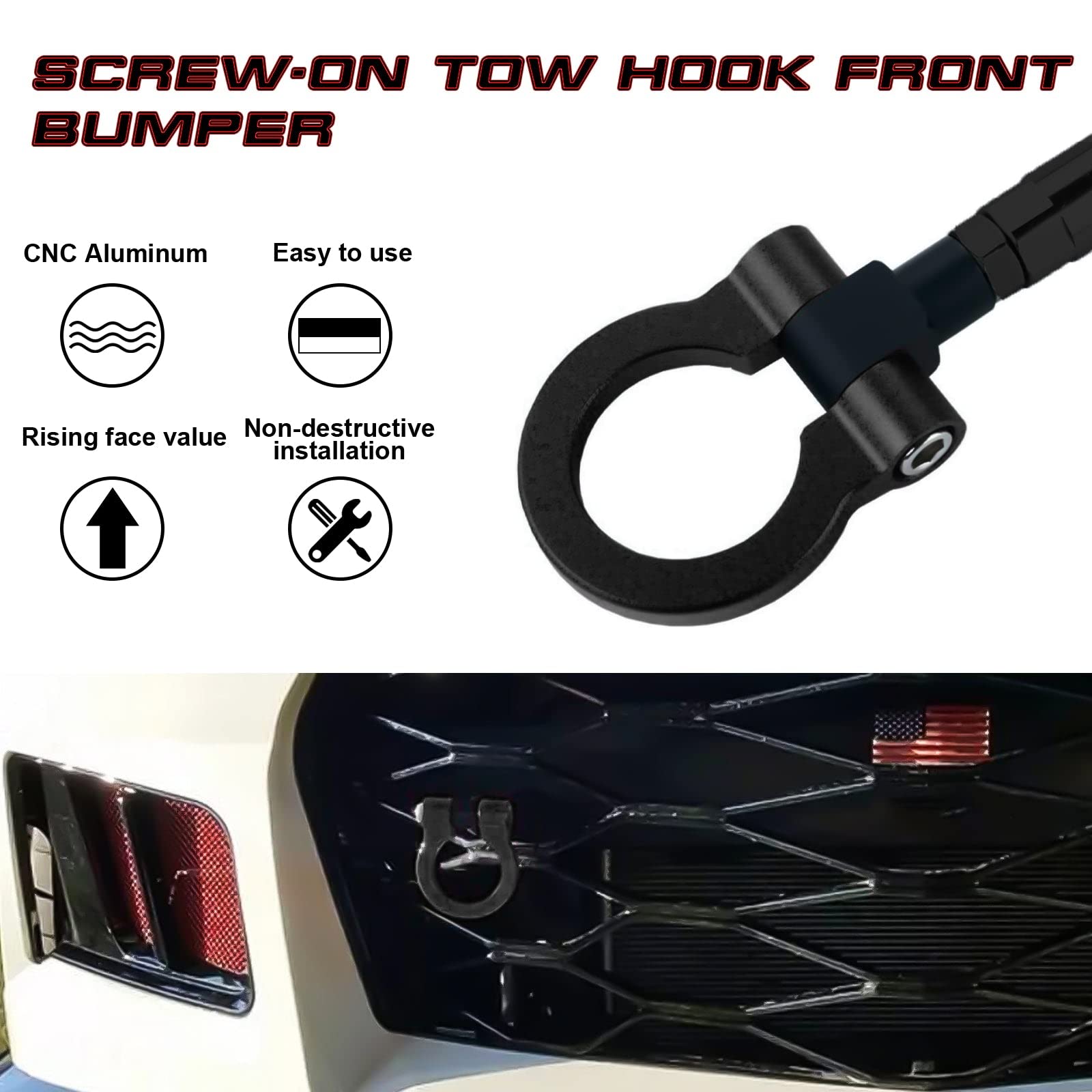 Xotic Tech Sport Track Racing Style Cnc Aluminum Screw-On Tow Hook Front Bumper Compatible With Chevrolet Camaro 6Th Gen 2016 2017 2018 2019 2020 2021 2022 2023 2024 (Black)