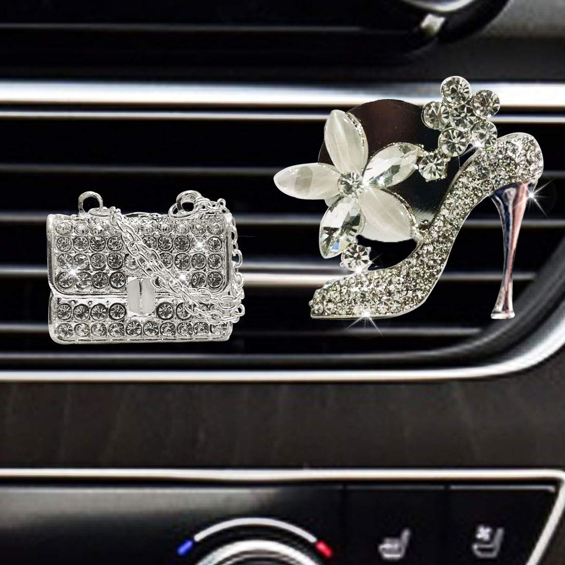 Jsacemxi Crystal High Heel Shoe & Magic Bag Car Air Vent Clip Charm Bling Sparkly Bedazzled Rhinestone Car Interior Bling Access
