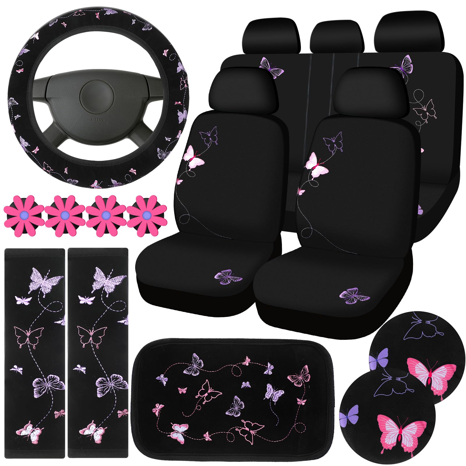BBTO 19 Pcs Embroidery Cute Car Accessories Set Include Seat Covers, Steering Wheel Cover, Air Vent Clips, Cup Mats, Center Cons