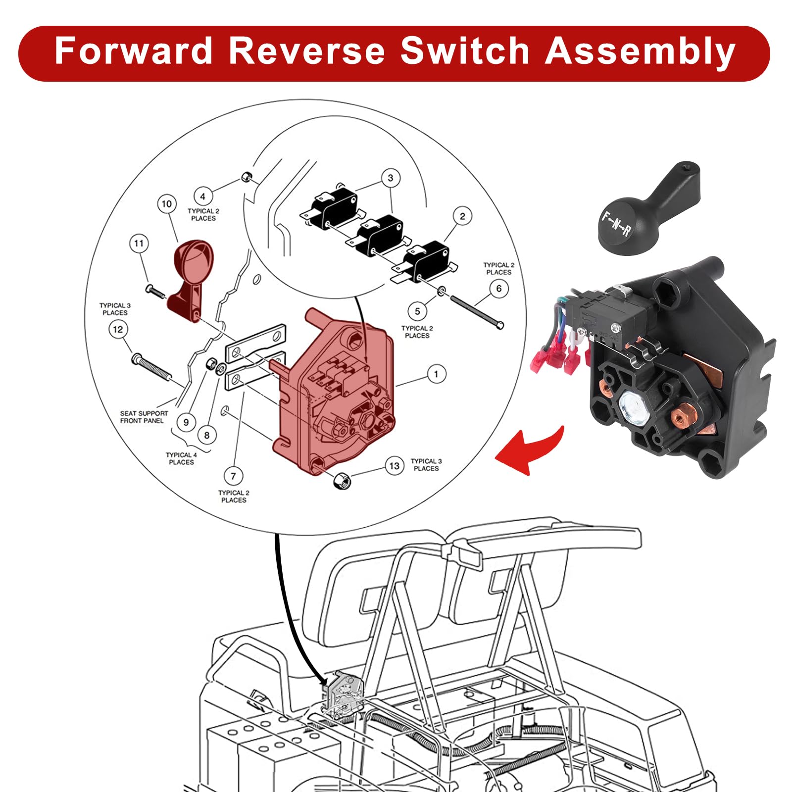 Autobaba Club Car Ds 48 Volt Electric Golf Carts Forward Reverse Switch Assembly With Handle Micro Switch Compatible With Electric 1996-Up Ds And 2018-Up Tempo Golf Cart 101753005 102250201