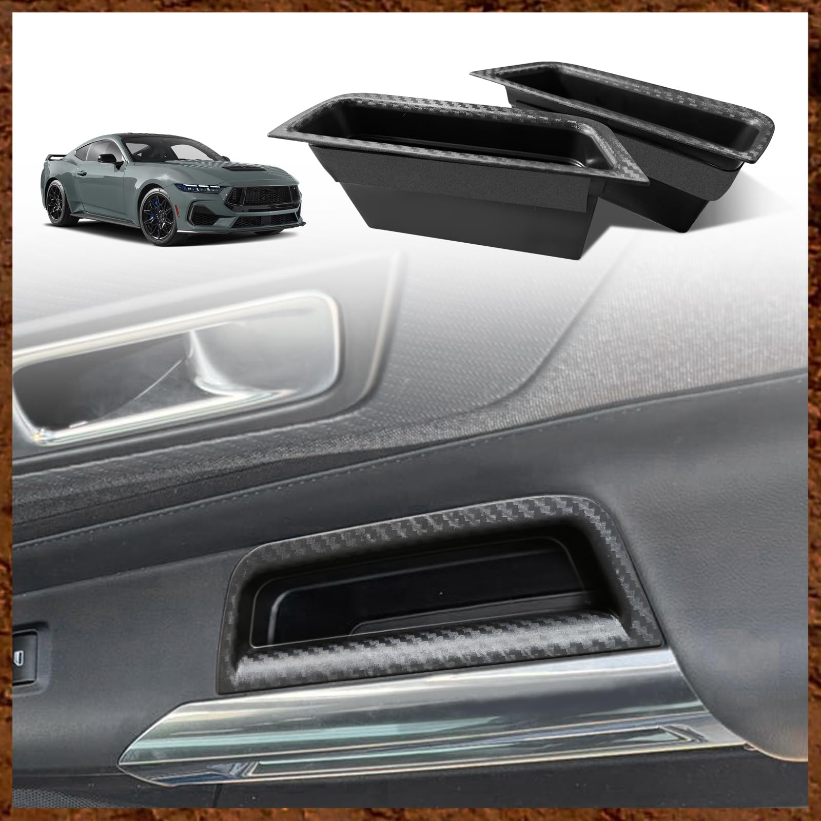 Muslogy for 2024 Mustang Door Handle Storage Box 2PCS Door Pocket Insert Organizer Interior Accessories Armrest Phone Container 