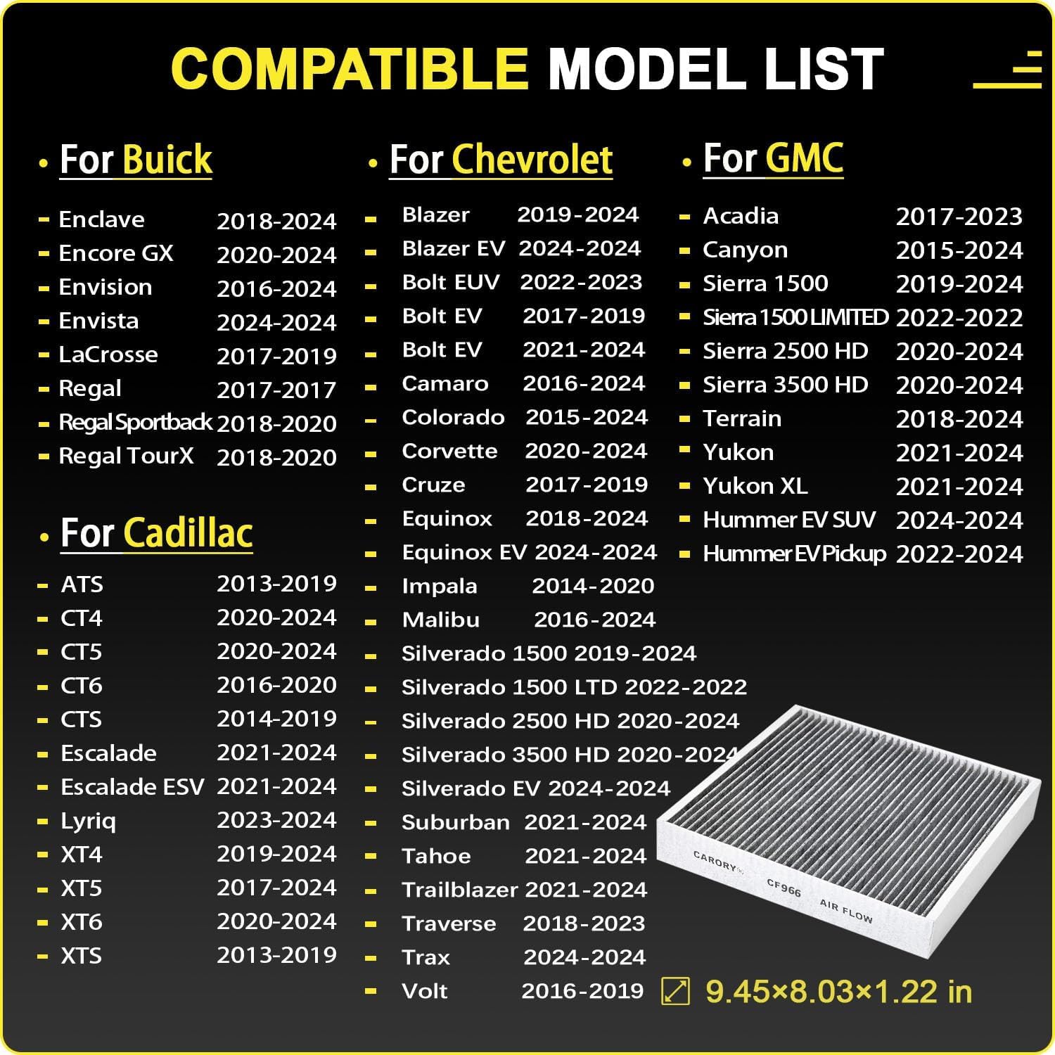 CARORY Cabin Air Filter w/Activated Carbon for Chevy, GMC, Cadillac, Buick Select Models - Silverado, Sierra, Equinox, Acadia, B