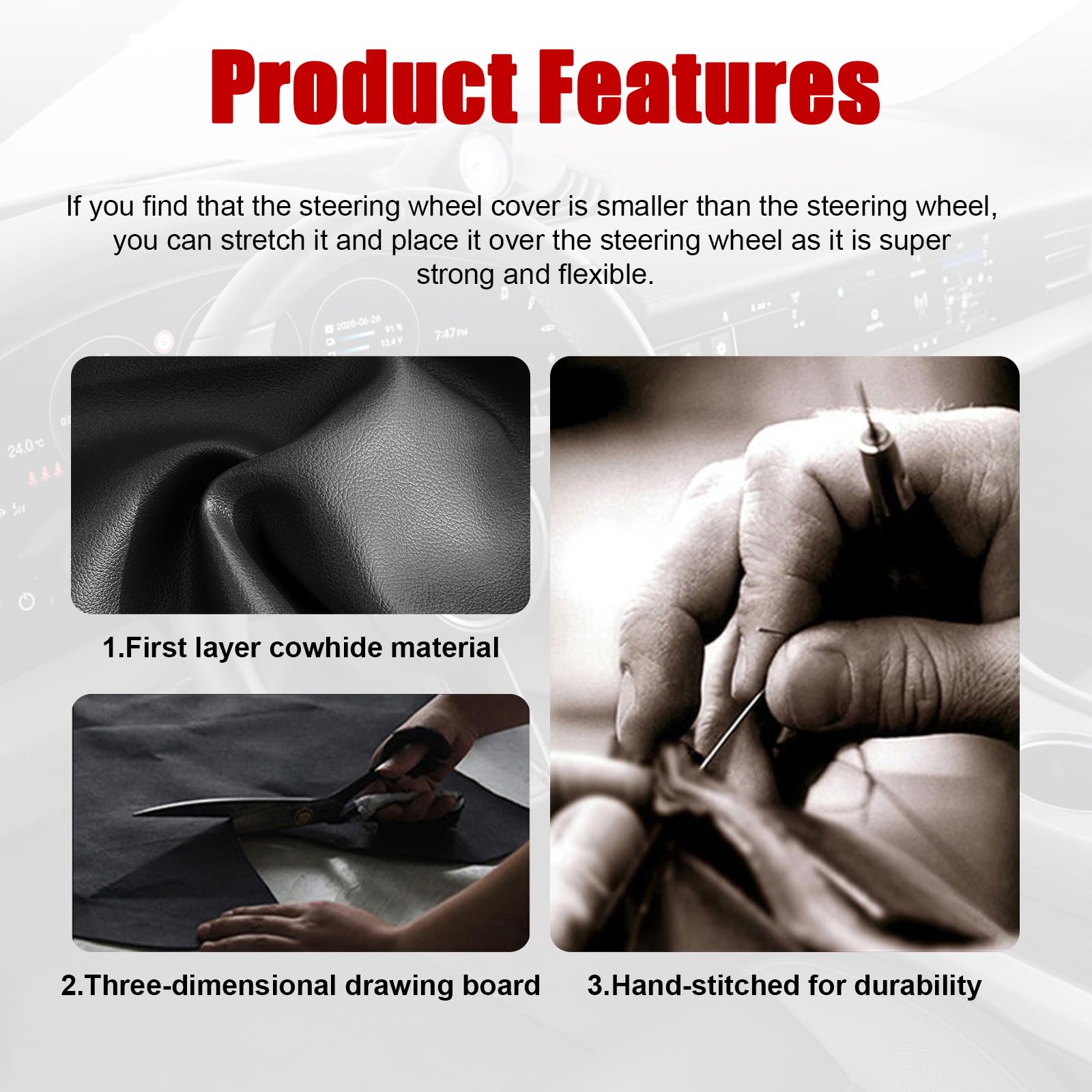 Ziciner Leather Steering Wheel Cover, Stitch On Wrap, Breathable Anti-Slip Car Steering Wheel Protector for Max Diameter 15'', D