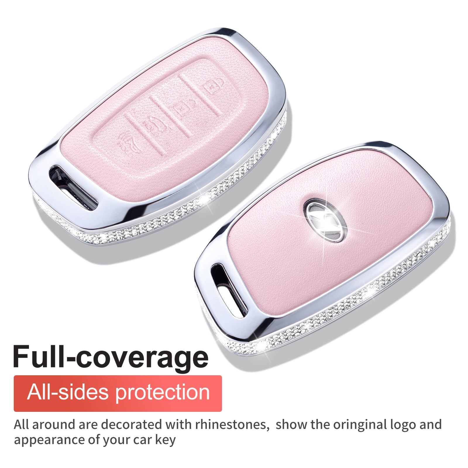 Ruabiban For Hyundai Key Fob Cover With Keychain, Pink Leather Key Case Protection Shell Fit For Hyundai Elantra Ioniq Sonata Tu