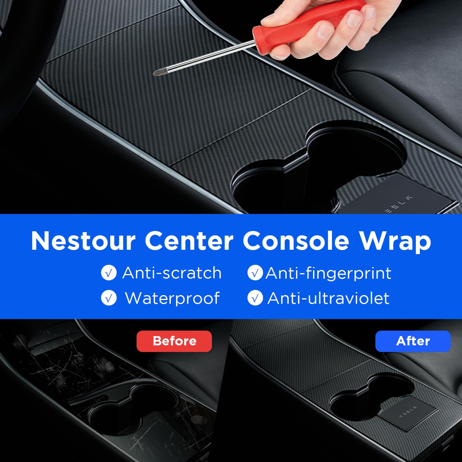 Nestour 2016-2020 Tesla Model 3 Model Y Center Console Wrap Cover Kit, Non-Trace Remove Center Console Protector Accessories, Premium Abs Material. (Matte Carbon Fiber)