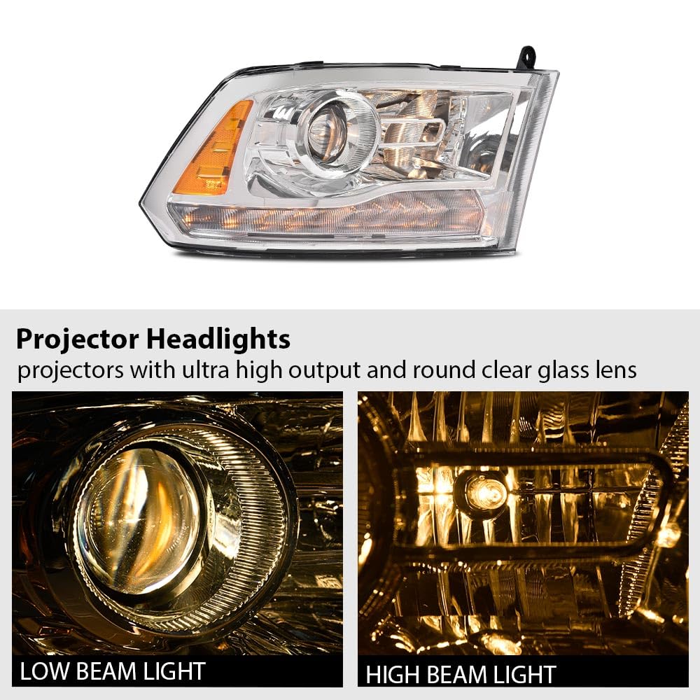 Cheda Led Bar Plank Style Headlights Assembly Headlamp W/Bulbs Compatible With 2013-2018 Dodge Ram 1500 2500 3500 Pair Head Lamp
