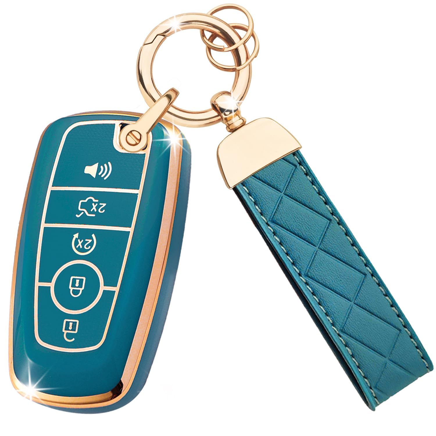 OLLEN Key Fob Cover with Leather Keychain, Fit for Ford Fusion Escape Expedition Explorer Edge Maverick Mustang Ranger F150 F250