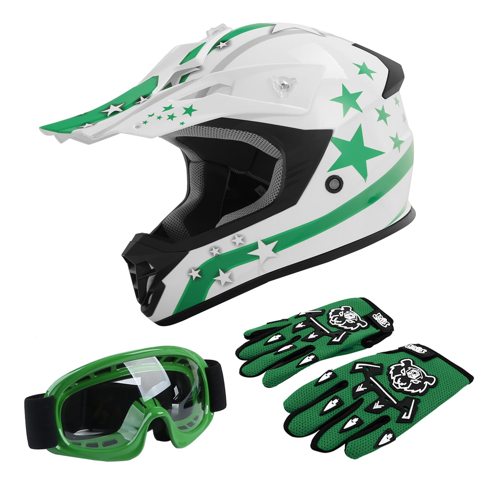 Tct-Motorparts Dot Youth Atv Helmets W/Goggles+Gloves Kids Motocross Offroad Street Dirt Bike Helmet+Gloves+Goggles White W/Green Star Large