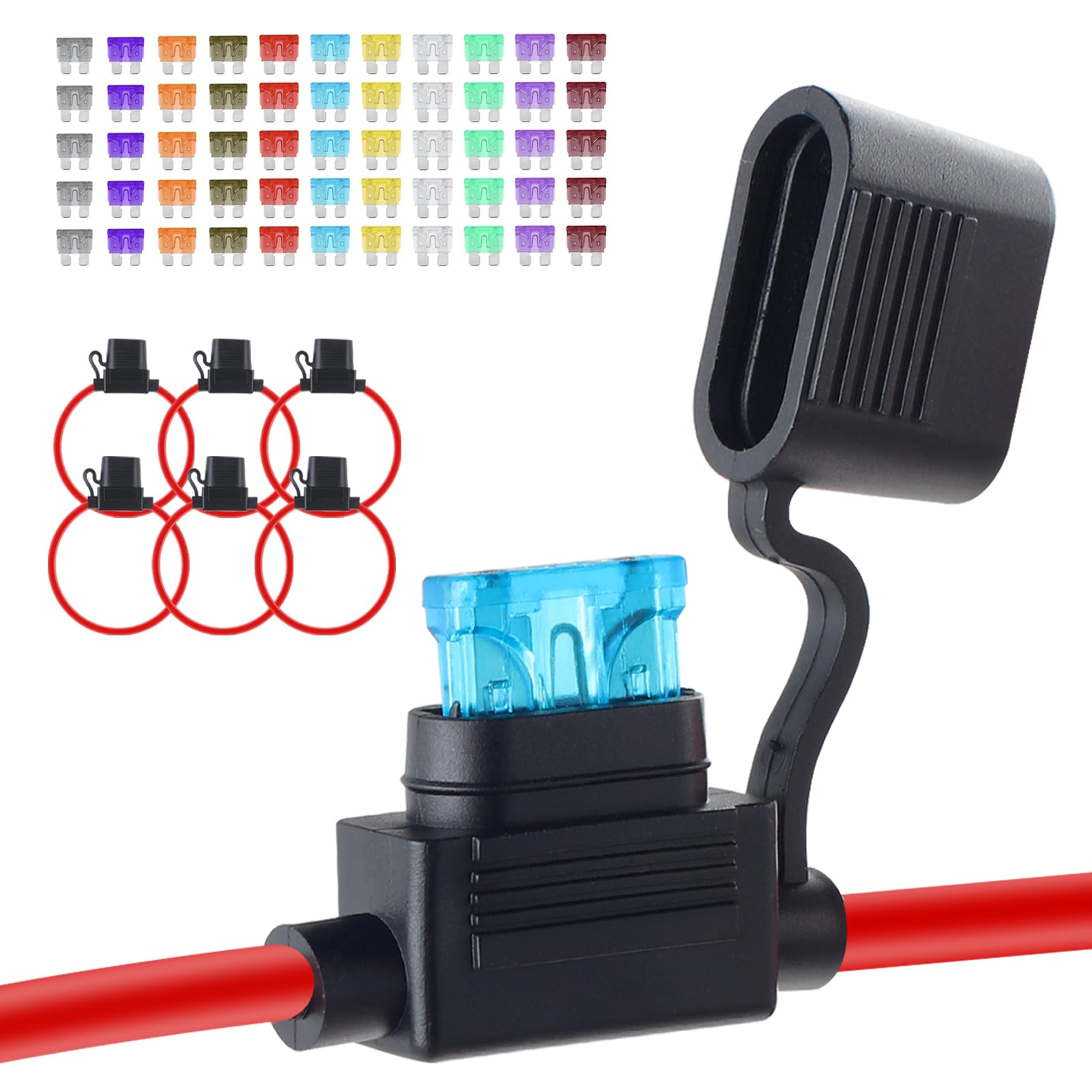 6 Pack Inline Fuse Holder 12V, Upgraded 12 AWG Waterproof Fuse Holder with 66 Pcs Standard Car Fuses (2A/3A/5A/7.5A/10A/15A/20A/