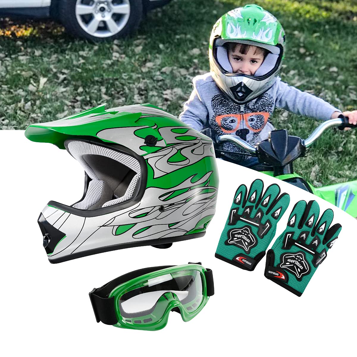 Slmoto Dot Youth Kids Helmet Motocross Offroad Street Helmet Motorcycle Helmet Dirt Bike Motocross Atv Green Flame Design Helmet+Goggles+Gloves