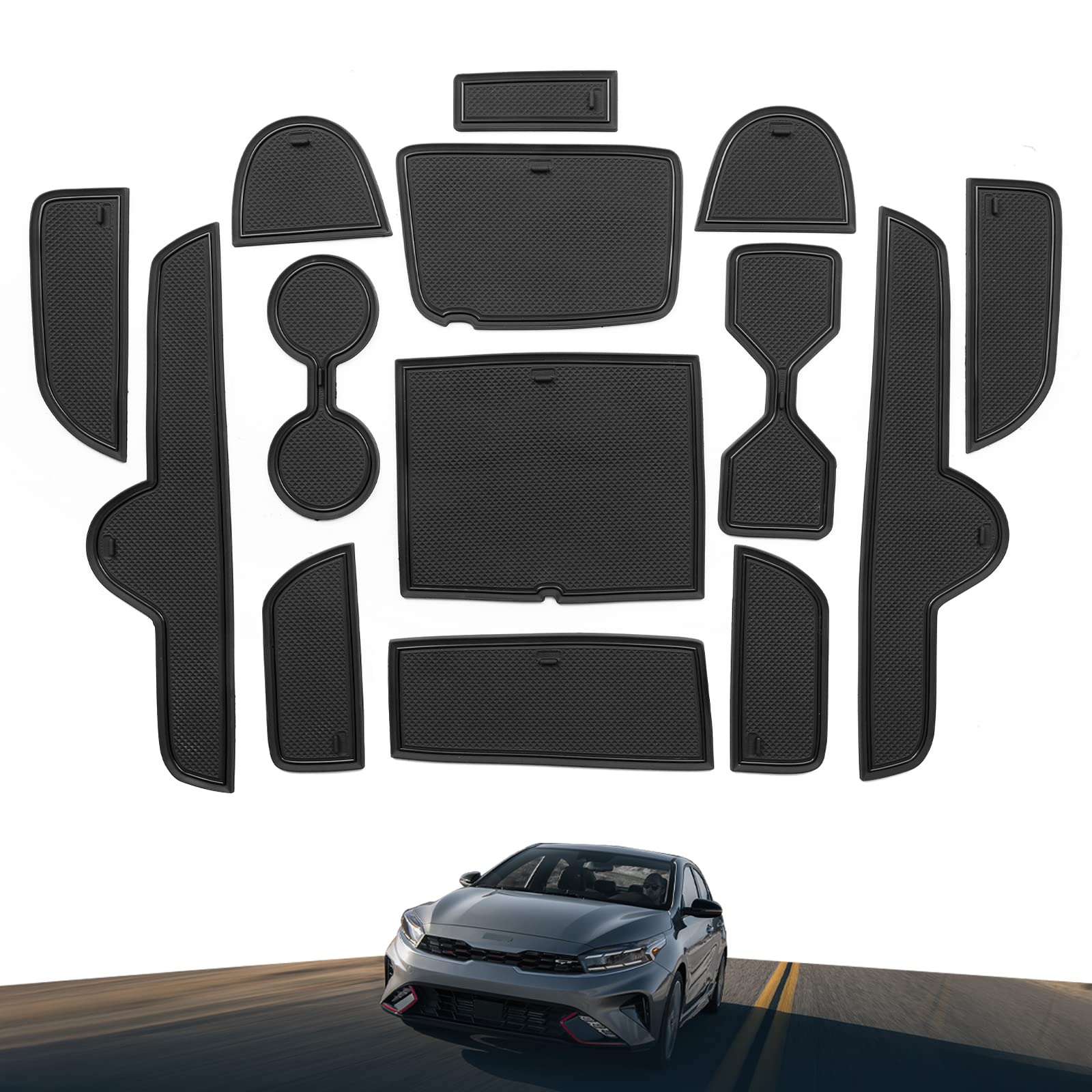 Smabee Car Anti-Slip Gate Slot Cup Mat For 2022-2024 Kia Forte Gt Gt-Line/ 2021-2024 Kia K3 Cerato Center Console Liner Cup Holders Inserts Mat Door Pocket Liners Accessories (Black)