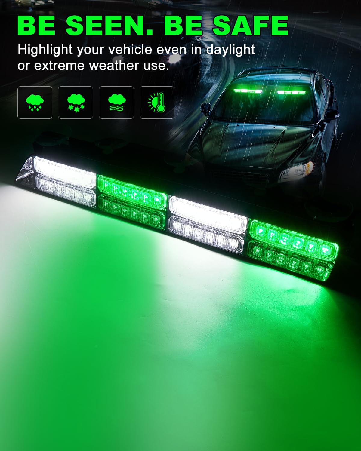 Hlauto 6Z4J Emergency Dash Strobe Lights: 2X16.8 Inch Green White Safety Lights, 48 Led Flashing Warning Hazard Interior Windshi