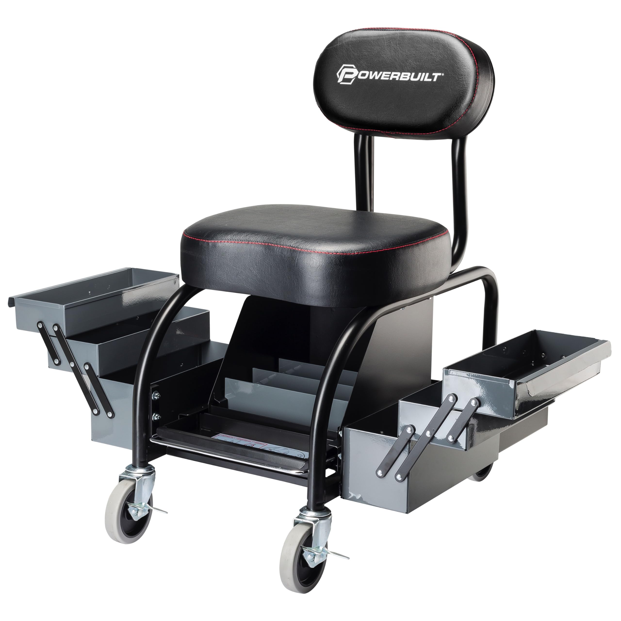 Powerbuilt Professional Mechanics Roller Seat, Heavy Duty Padded Detailer Seat and Backrest, Sliding Storage Drawers, Tool Tray,