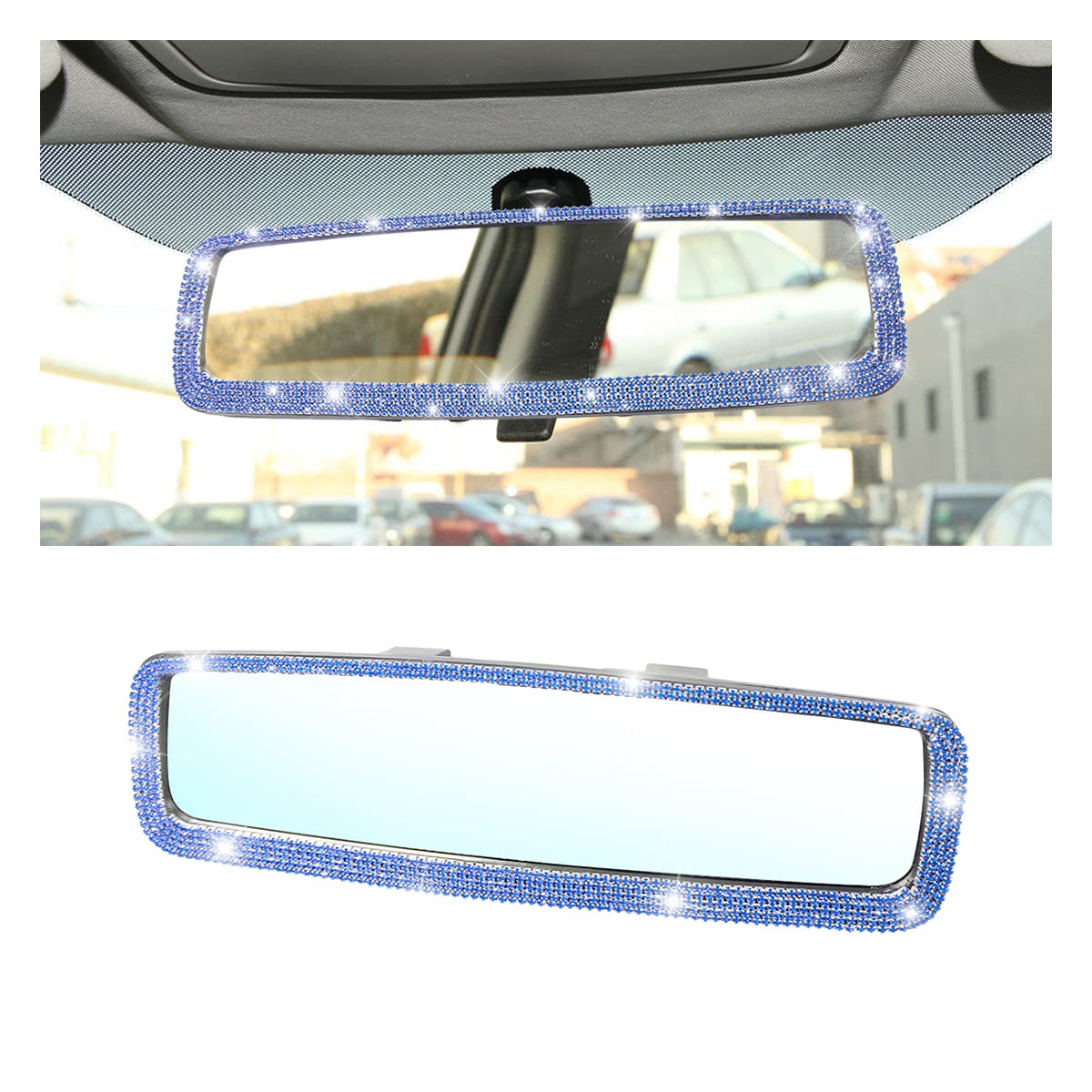 Bling Car Rear View Mirror, Rhinestones Crystal Clip-On Rearview Mirror With Hd Glass, Compatible With Most Cars, Suvs, Vehicles, Auto Interior Accessories For Women Girl (Blue)