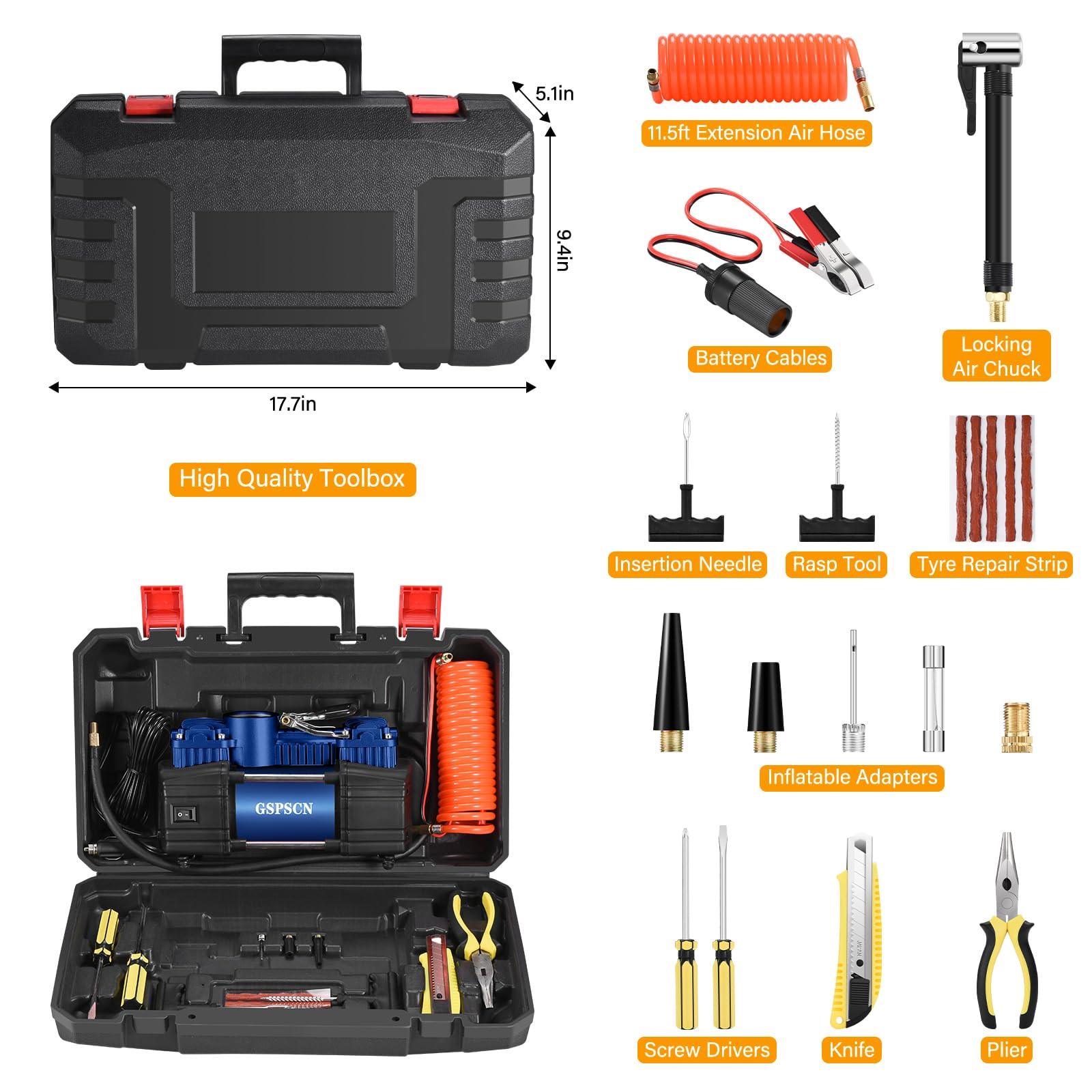 Gspscn Portable Air Compressor Pump Tire Inflator With Digital Gauge, Heavy Duty Double Cylinder 12V Tire Pump 150 Psi With Tire