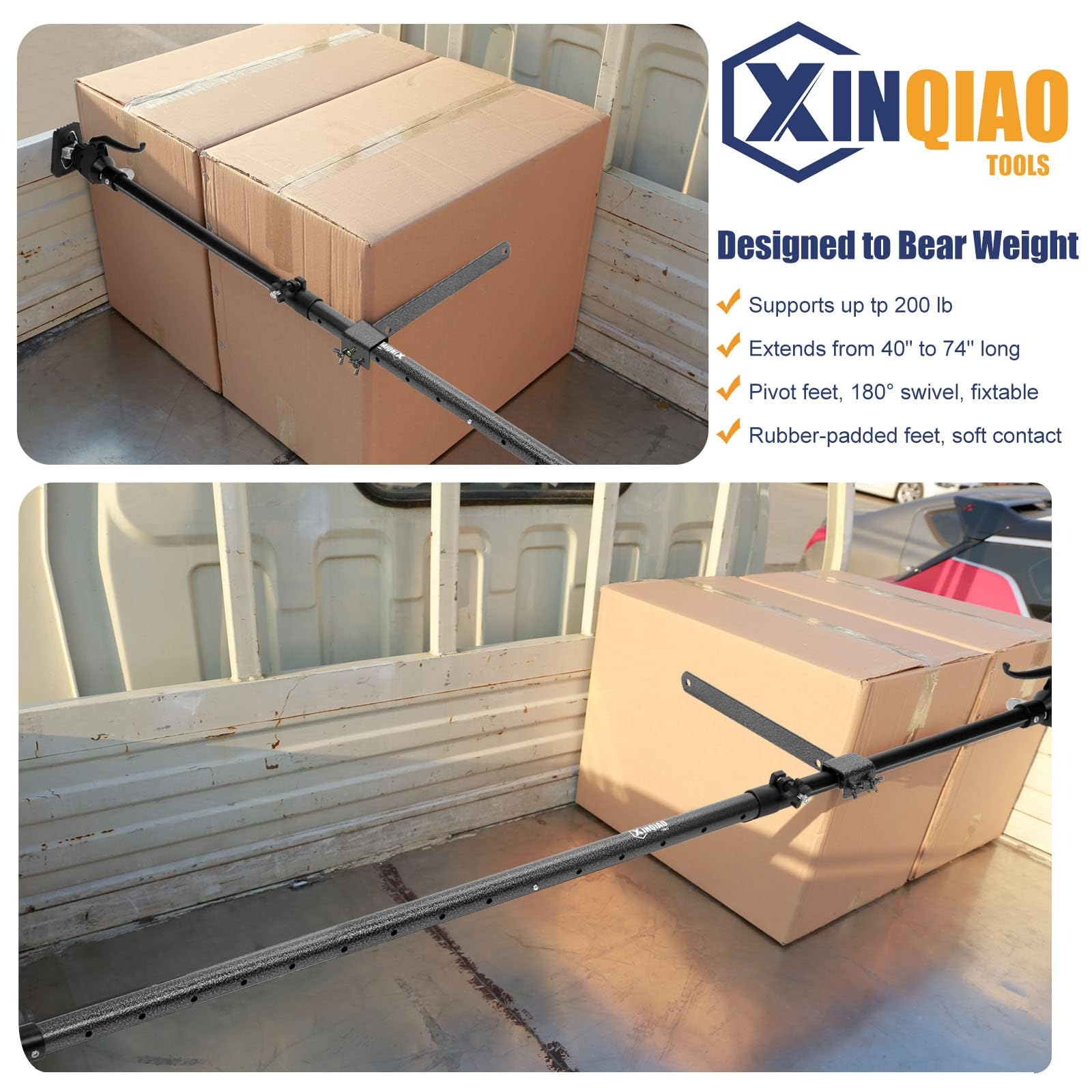 XINQIAO Cargo Bar for Pickup Truck Bed, Premium Universal Truck Cargo Bar with Cargo Net and Divider Bar, 200 LB Capacity, Also