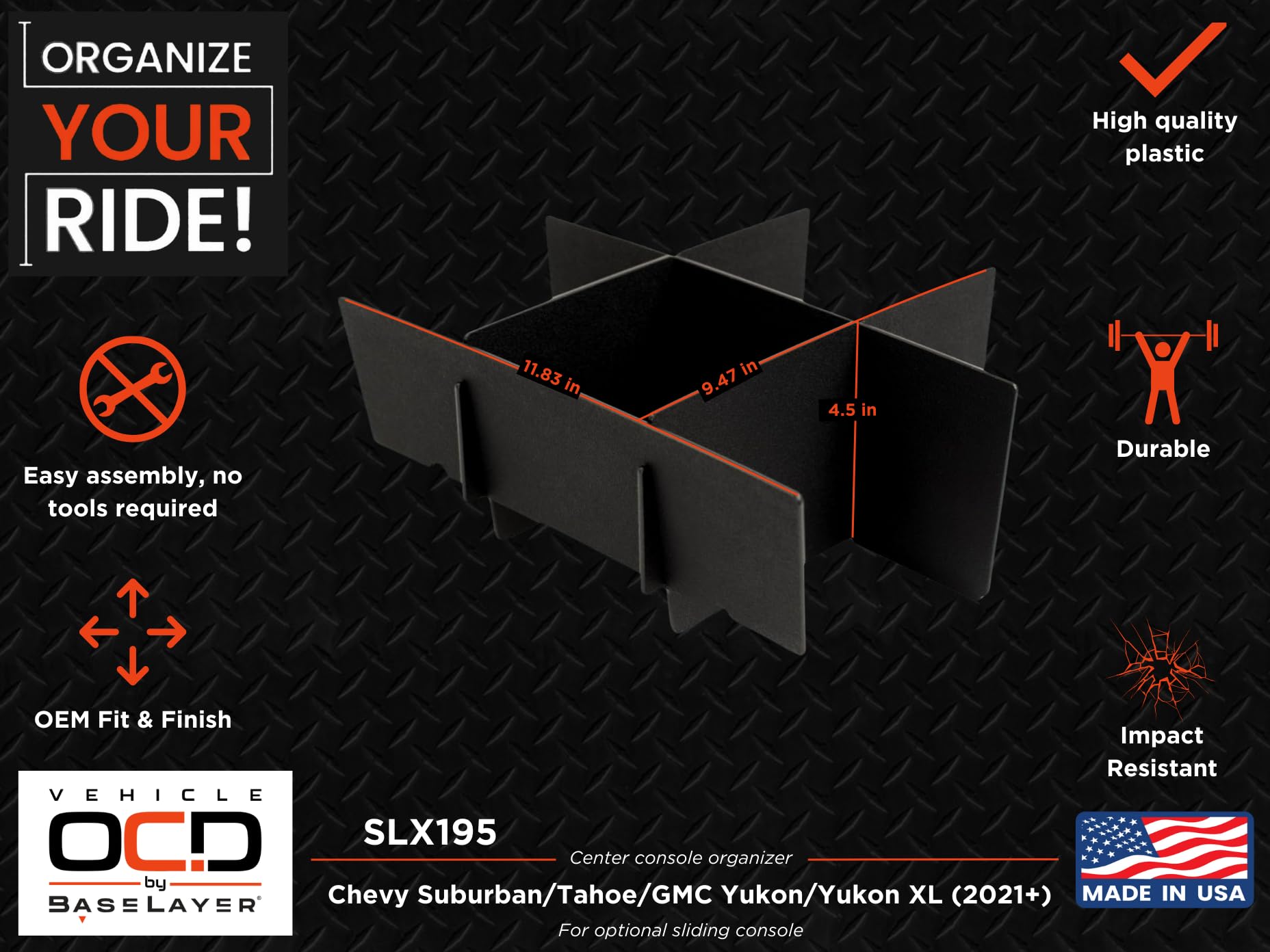 Vehicle Ocd - Center Console Organizer For Chevy Suburban/Tahoe/Gmc Yukon/Yukon Xl (2021-2025) (For Optional Sliding Console Onl