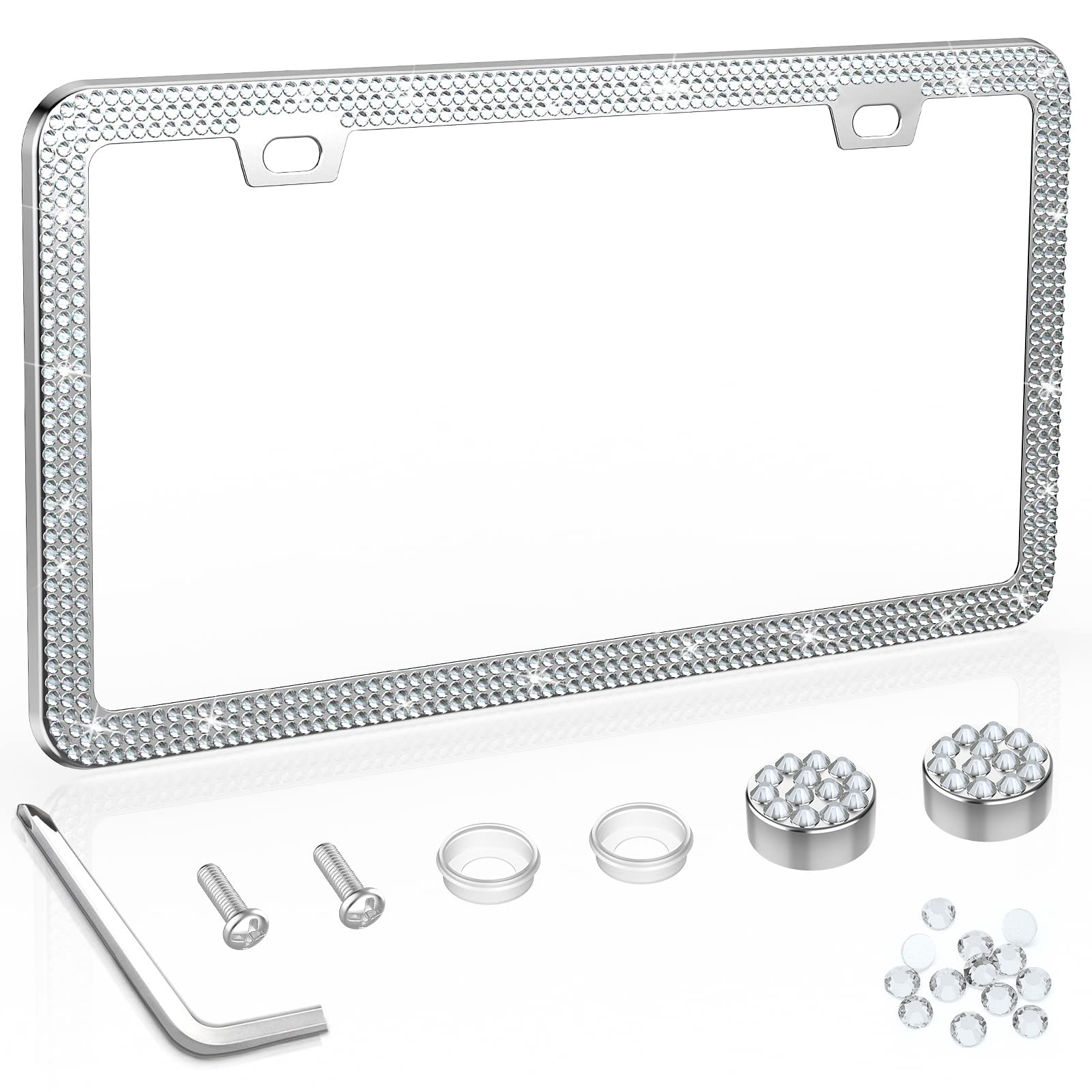Share&Care Bling License Plate Frame, Crystal License Plate Cover, Car License Plate Holder With Rhinestone Crystal Diamond Screw Set - 1 Pack (White1)