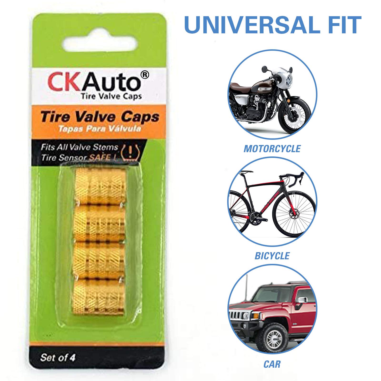 Ckauto Tire Valve Stem Caps, Golden Yellow, 4 Pcs/Pack, Anodized Aluminum Tire Valve Cap Set, Corrosion Resistant, Universal Ste