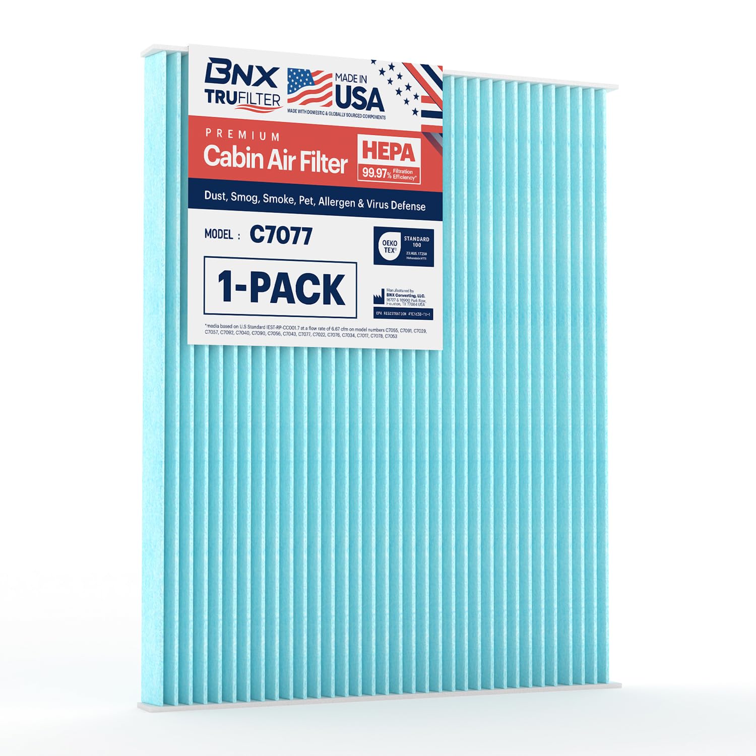 Bnx Trufilter C7077 Cabin Air Filter, Hepa 99.97%, Made In Usa, Compatible With Ford Edge, Fusion, Police Responder Hybrid, Ssv